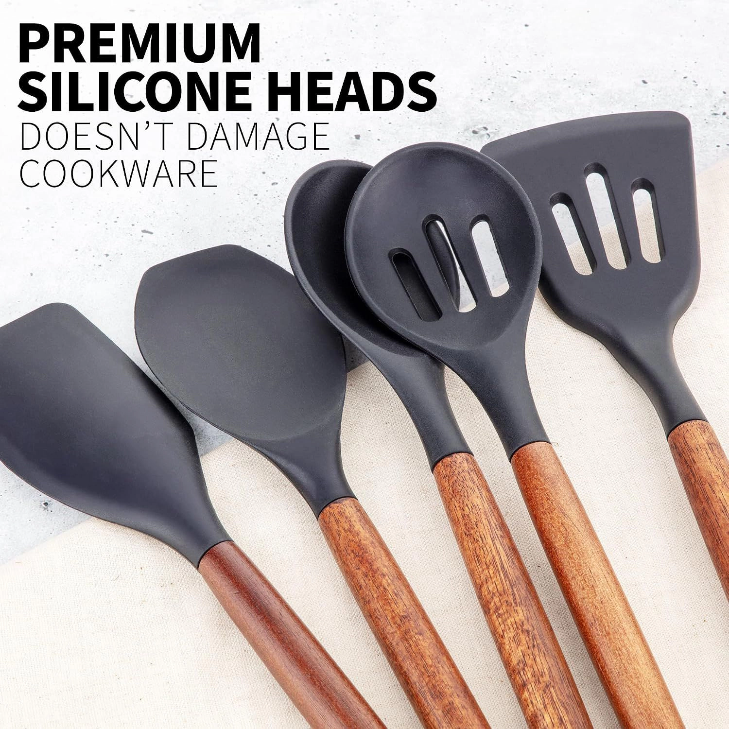 Zulay Kitchen Utensils Set Non-Stick Silicone Cooking with Authentic Acacia Wood Handles 5 Piece