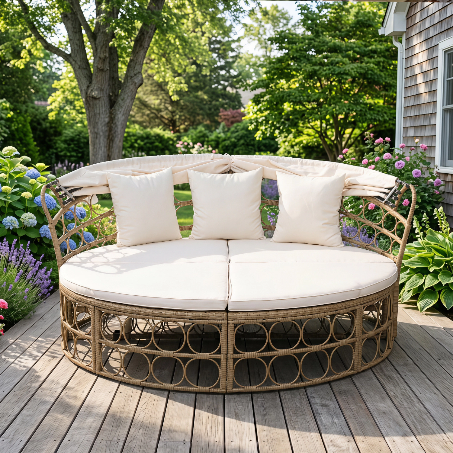 LJG Outdoor Patio Daybed with Retractable Canopy and Cushions Yellow Wicker Rattan Furniture Set