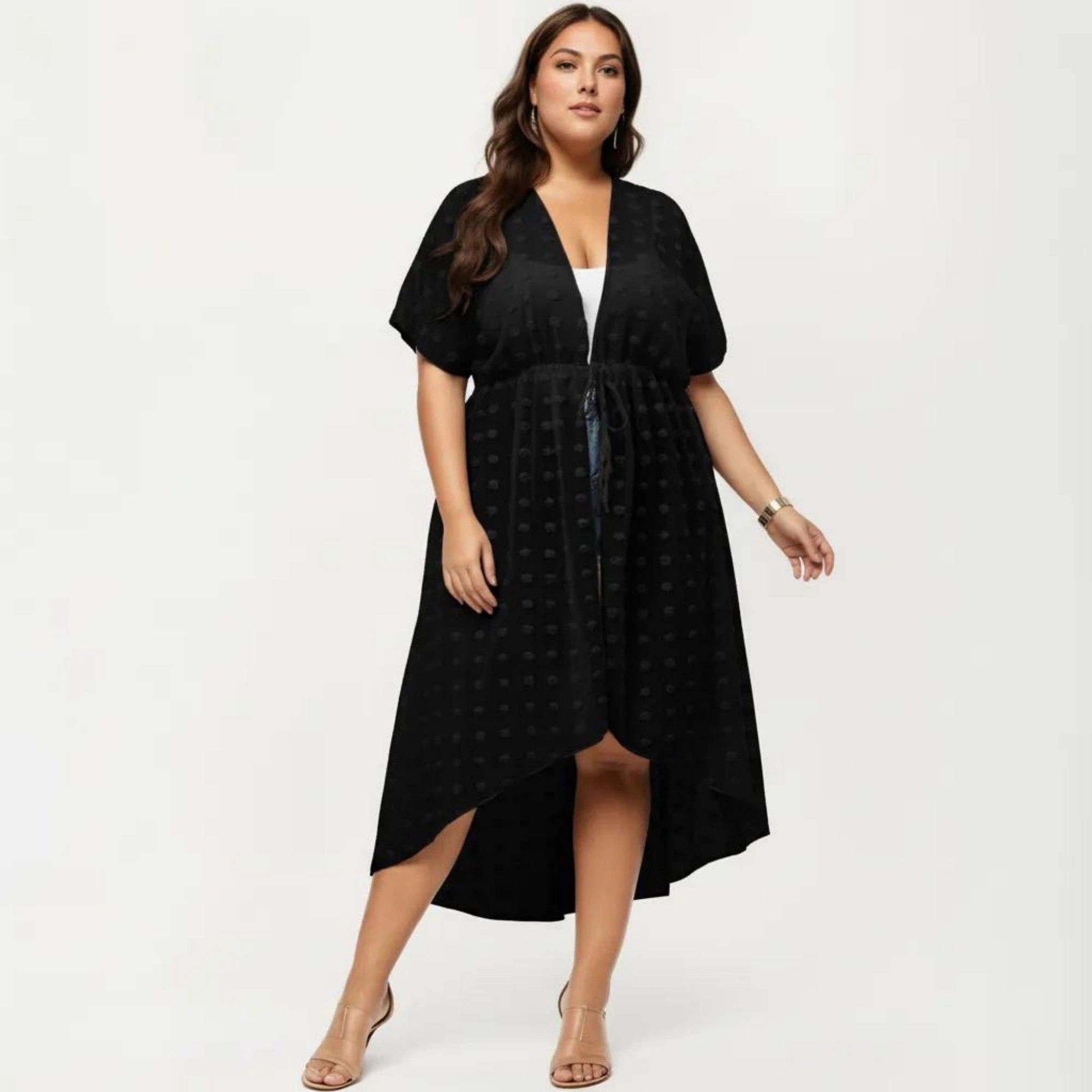 Anna-Kaci Women's V Neck Drawstring Waist Swiss Dot High Low Hem Beach Layer Sheer Midi Cover Up Dress