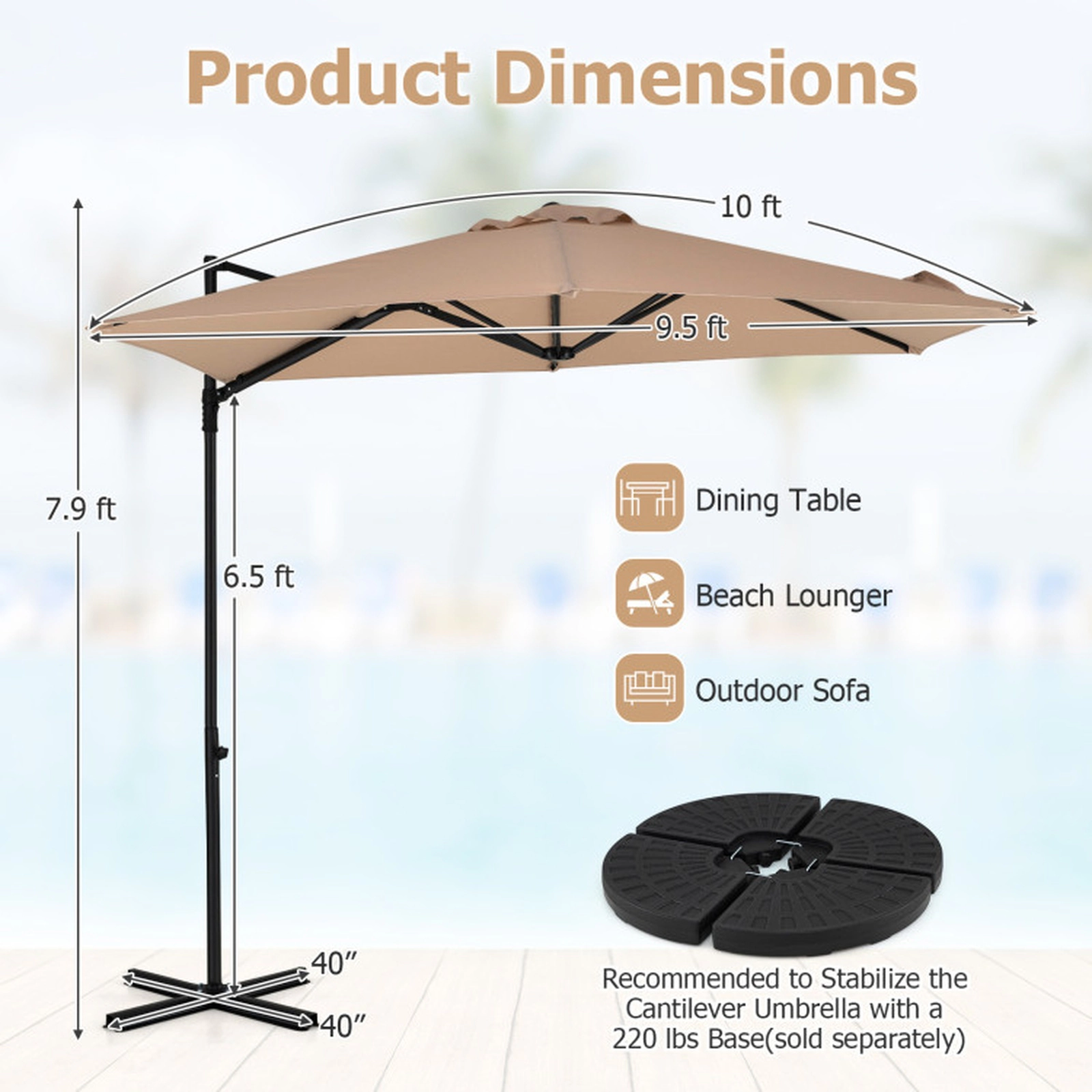 SUGIFT 10-ft Tan Offset Cantilever Patio Umbrella with 360-Degree Rotation Twist-In Pole and Vented Top