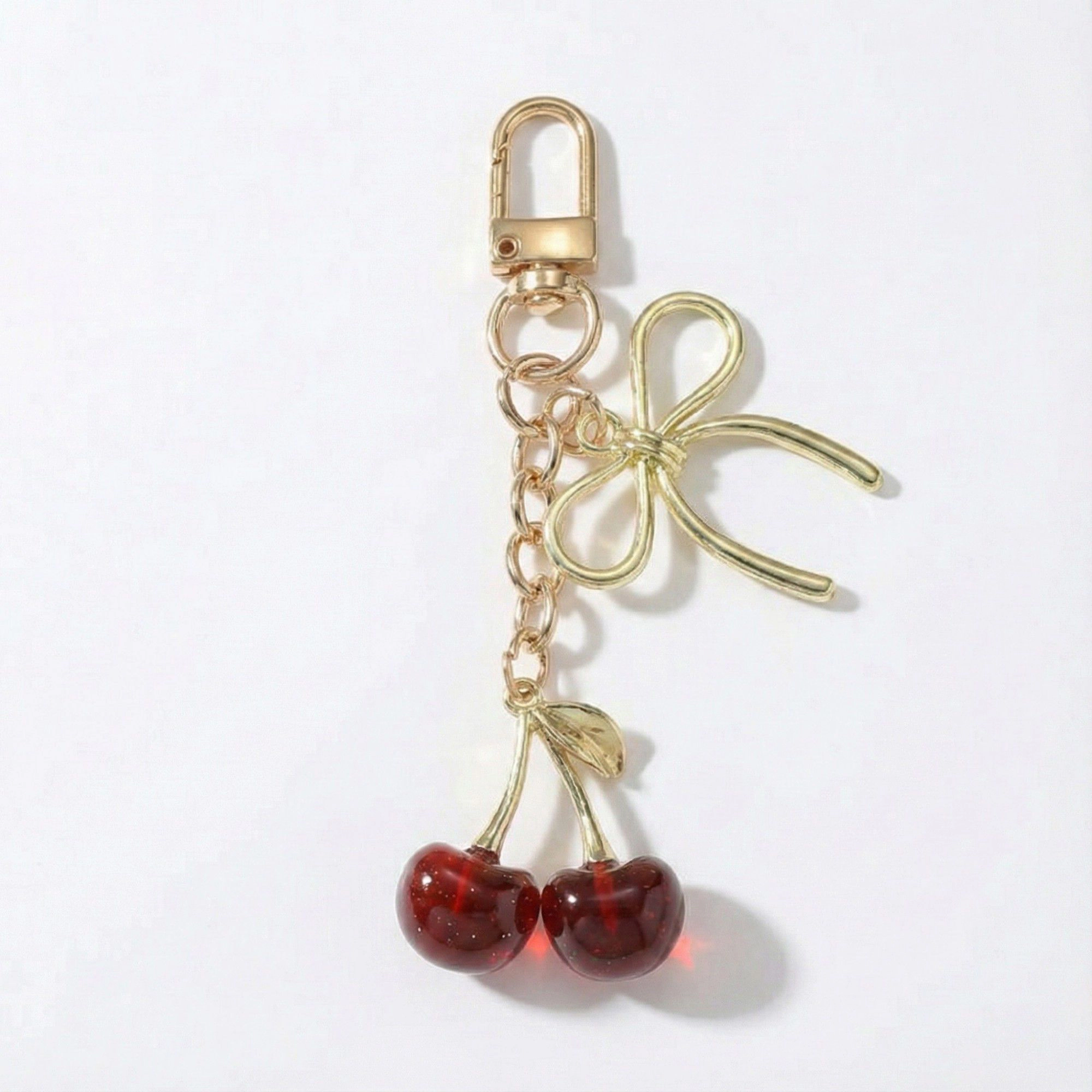 Alilang Women's Gold Bow Keychain with Pink Cherry Charms and Heart Clasp