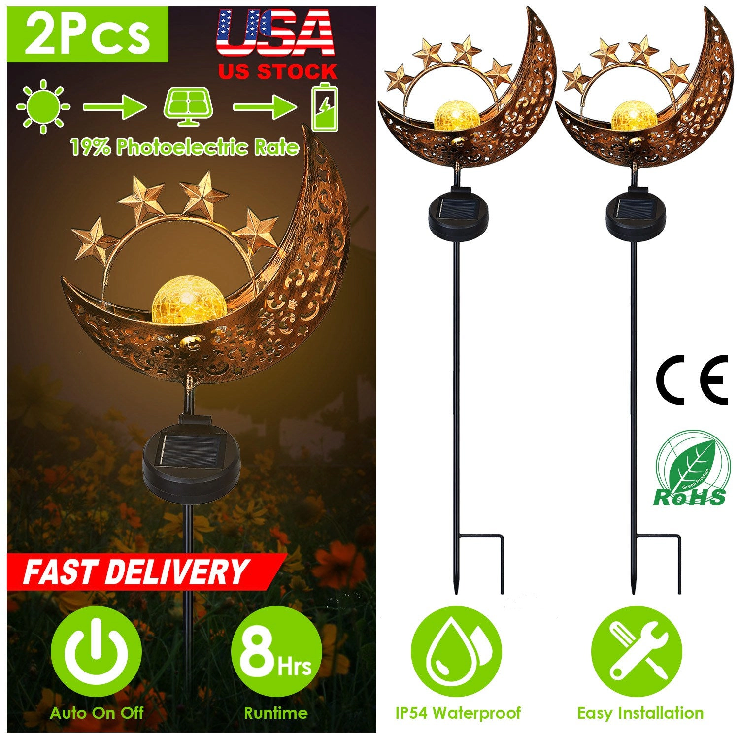 GBruno Solar Moon Star Garden Stake Light 2-Pack