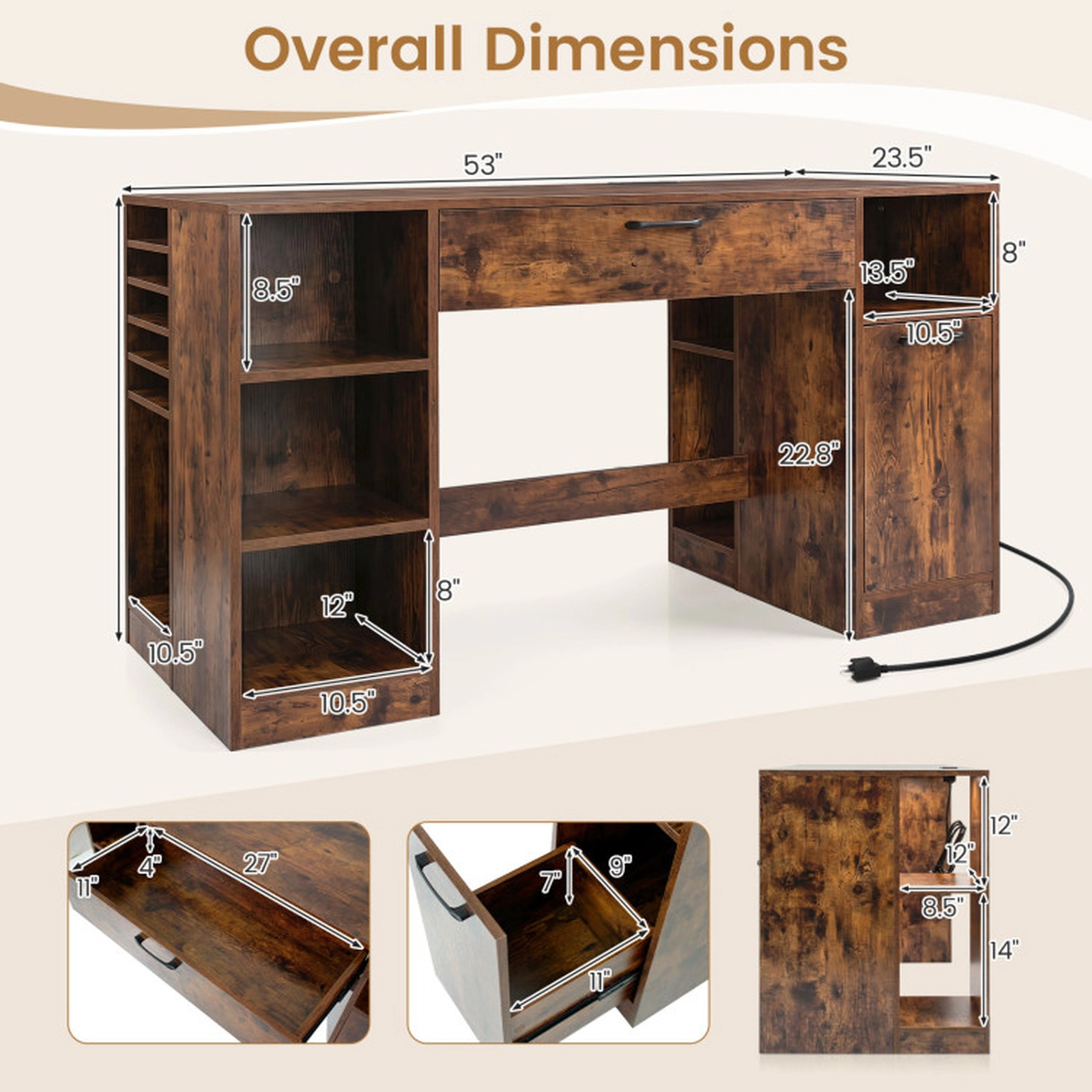 SUGIFT 2 Drawers Open Compartments Charging Station Sewing Desk 53-in x 23.5-in x 30-in 110-lb Capacity Rustic Brown