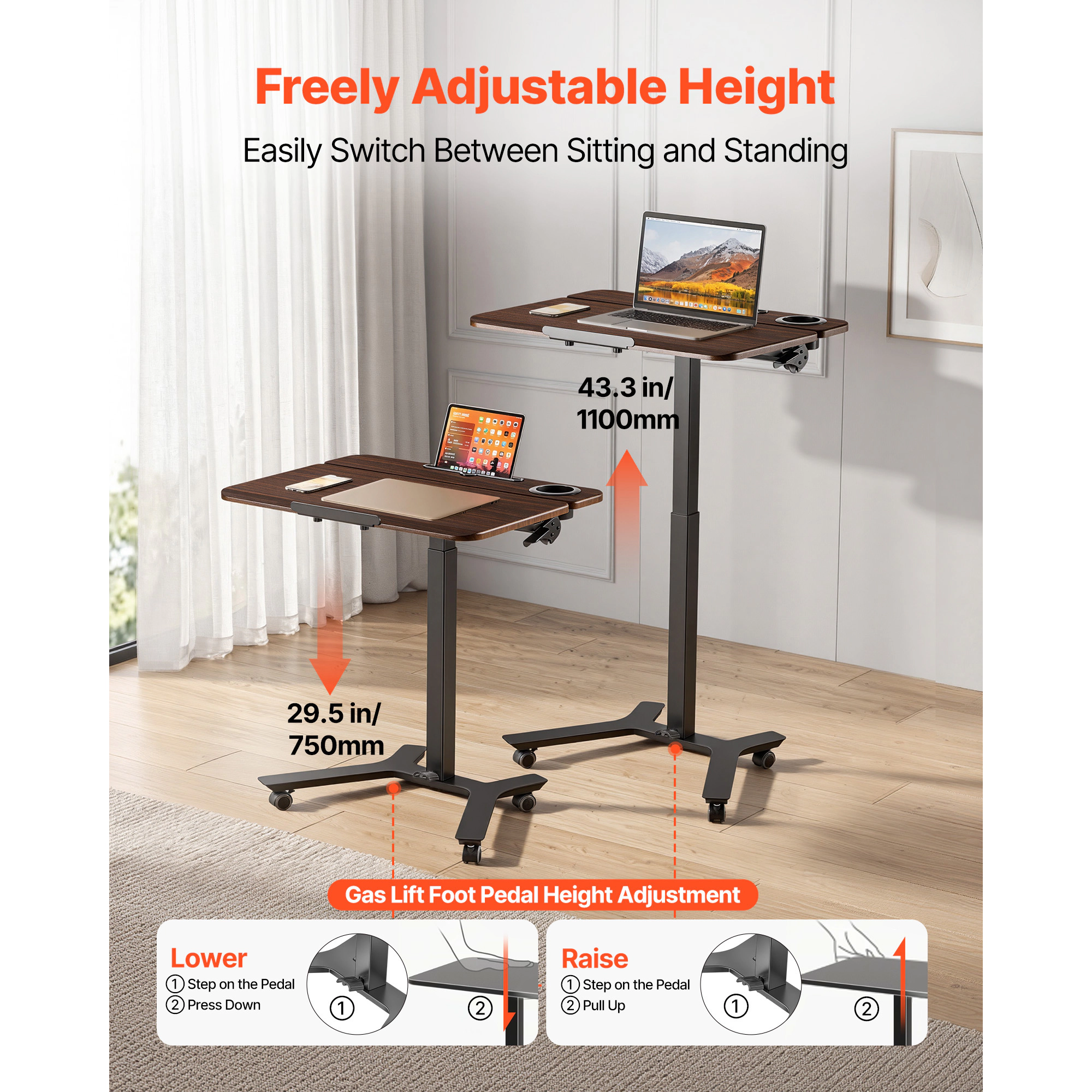 HONGGE Standing Desk, Adjustable Height Mobile Stand Up Desk with Casters, Small Computer Sit Stand Desk