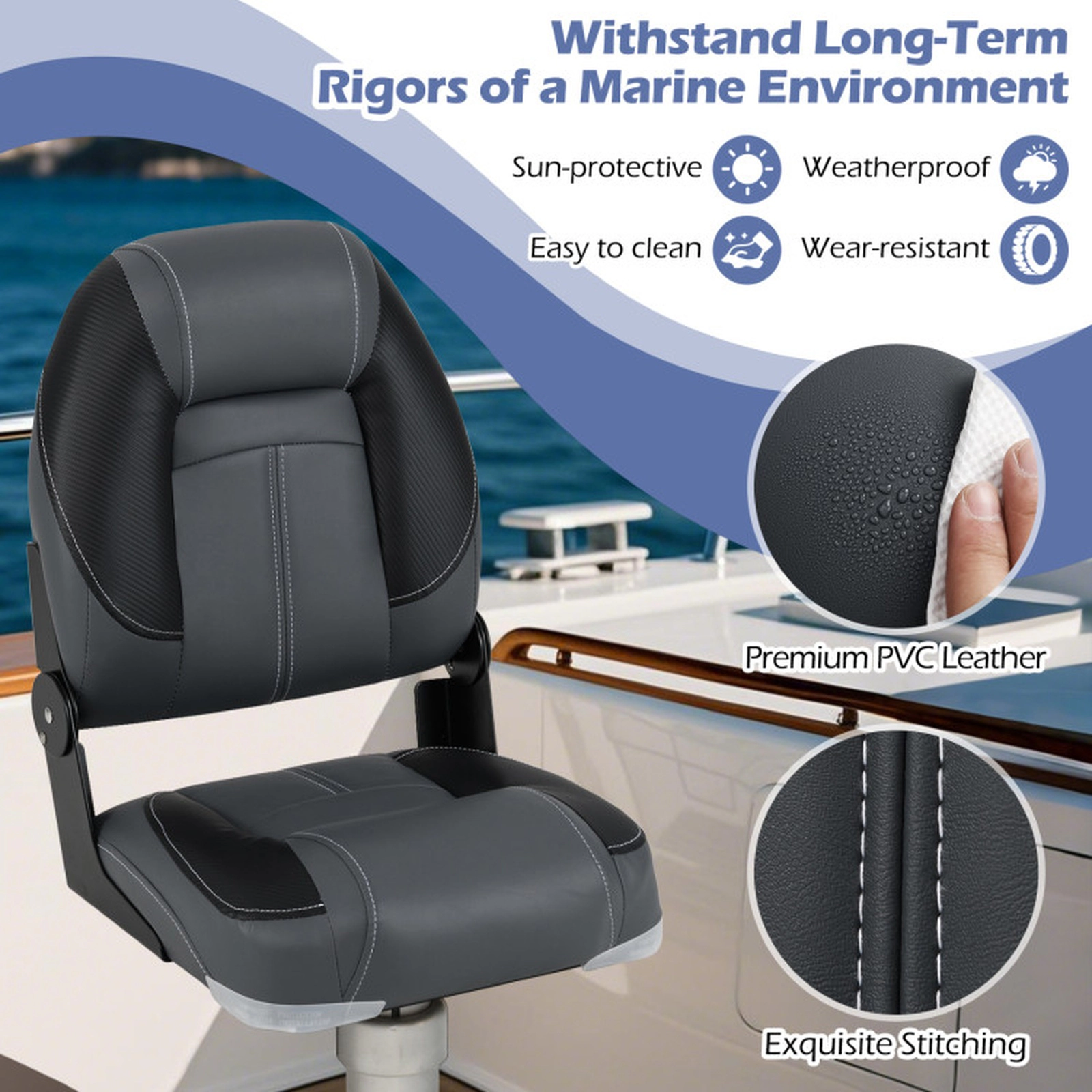 SUGIFT 3-Pack Folding Boat Seats with 28D Sponge Padding 330-lb Capacity Black+Gray