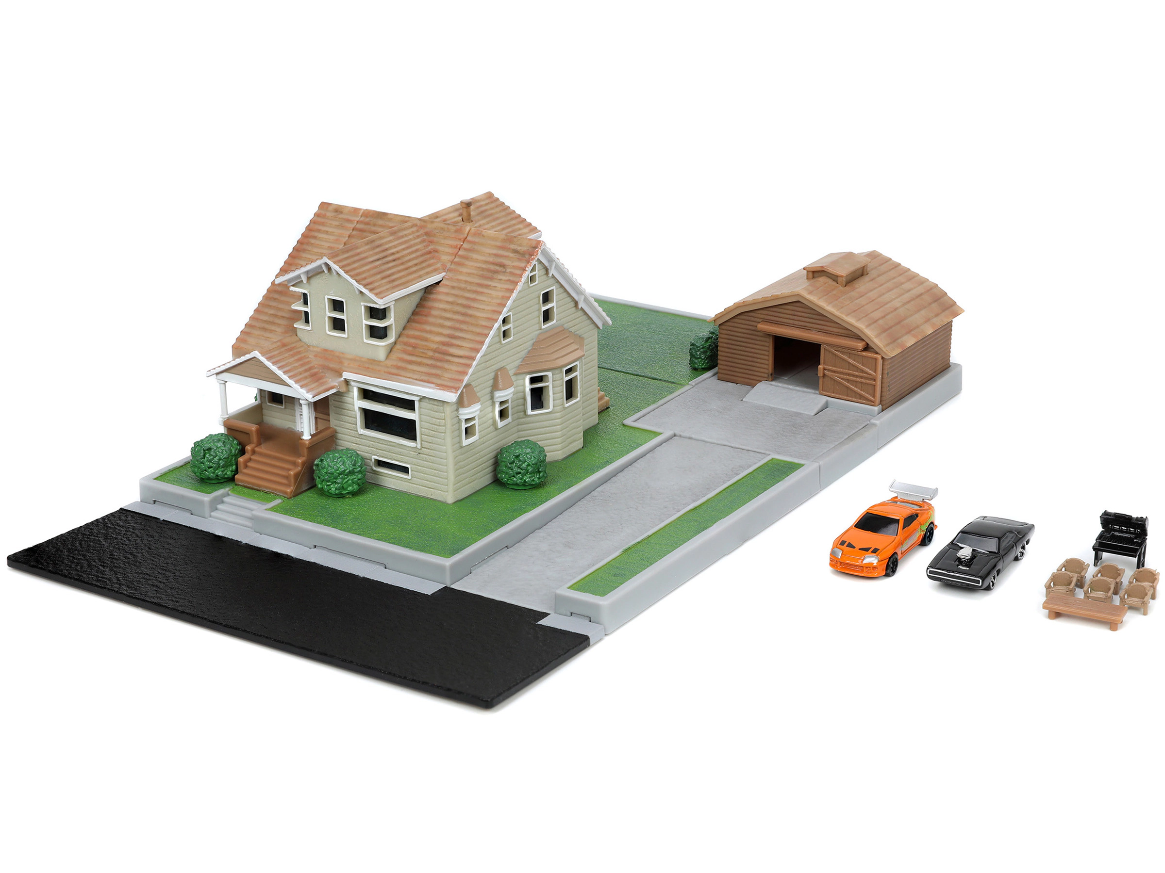 Jada Toretto House Diorama with Dodge Charger Black and Toyota Supra Orange with Graphics "Fast and Furious"