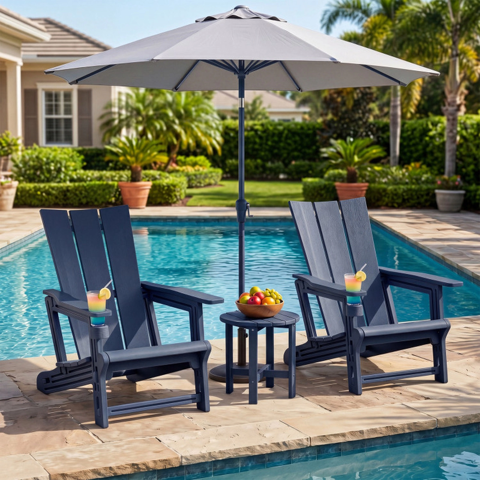 SUGIFT Set of 2 HDPE Outdoor Adirondack Chairs with Curved Backrest and Cup Holder 330-lb Capacity 26.5-in Wide Blue