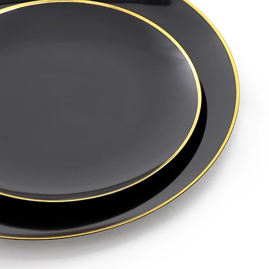 Elama 150 Piece Disposable Plastic Dinnerware Party Set for 25 Guests in Black with Gold Trim