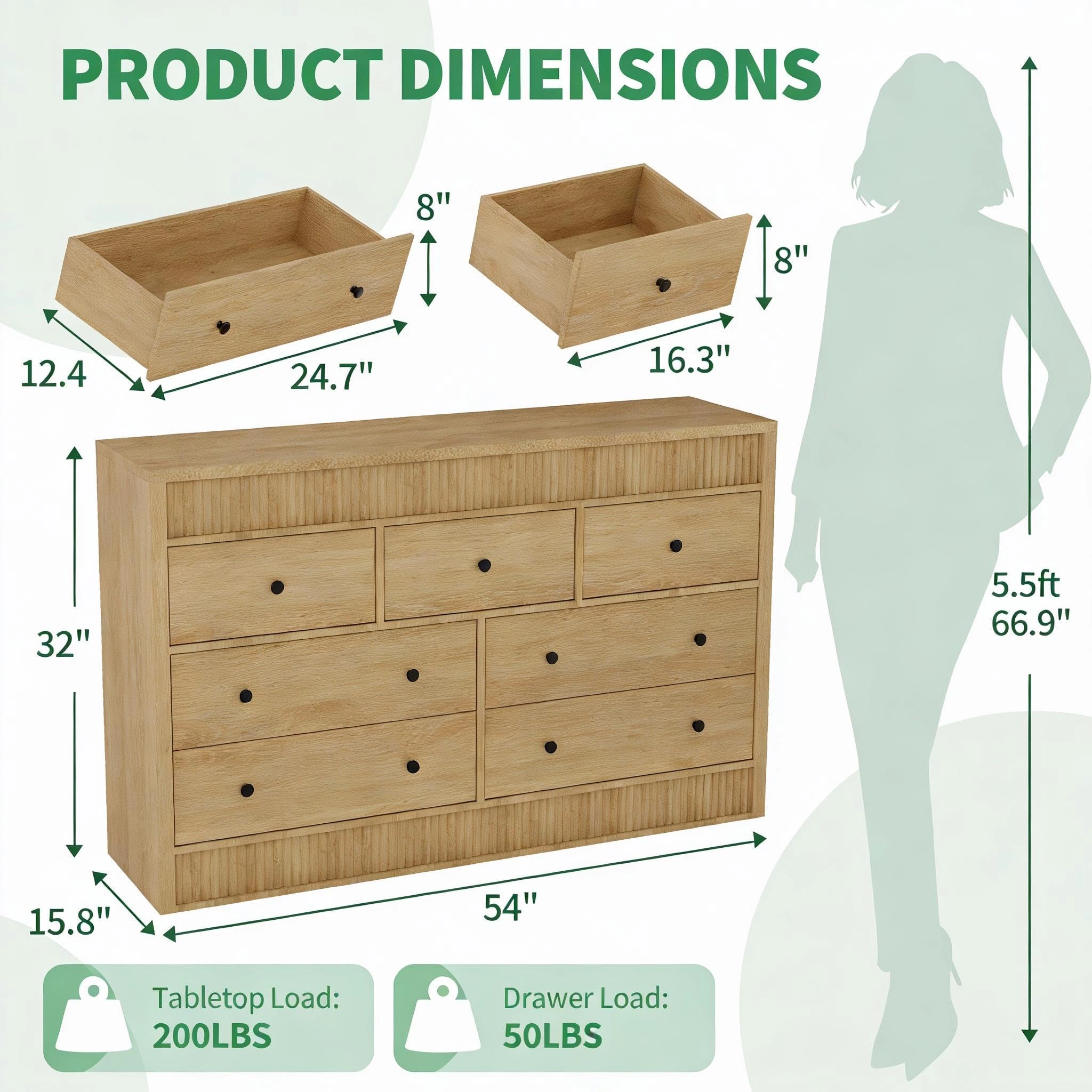 Fluted 7 Drawer Wooden Dresser, 54" Wide Modern Storage Chest for Bedroom or Living Room