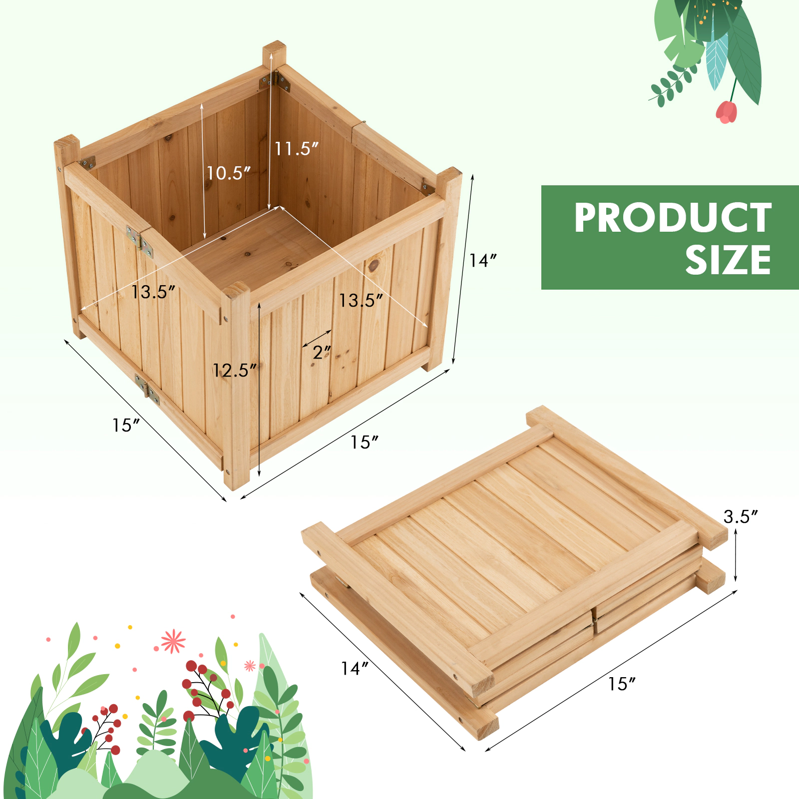 LJG Folding Square Fir Wood Raised Garden Bed with Removable Bottom