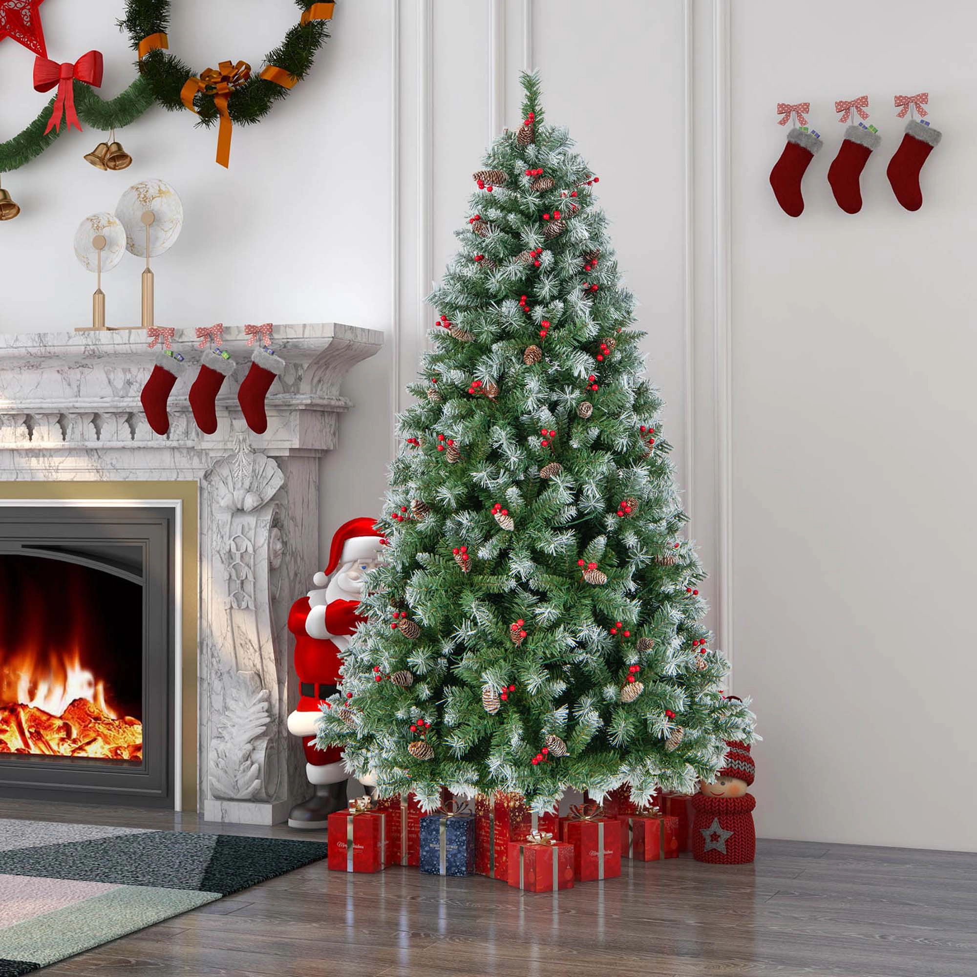 Costway 9 FT Artificial Christmas Tree Hinged with 650 Warm LED Lights & 309 Red Berries