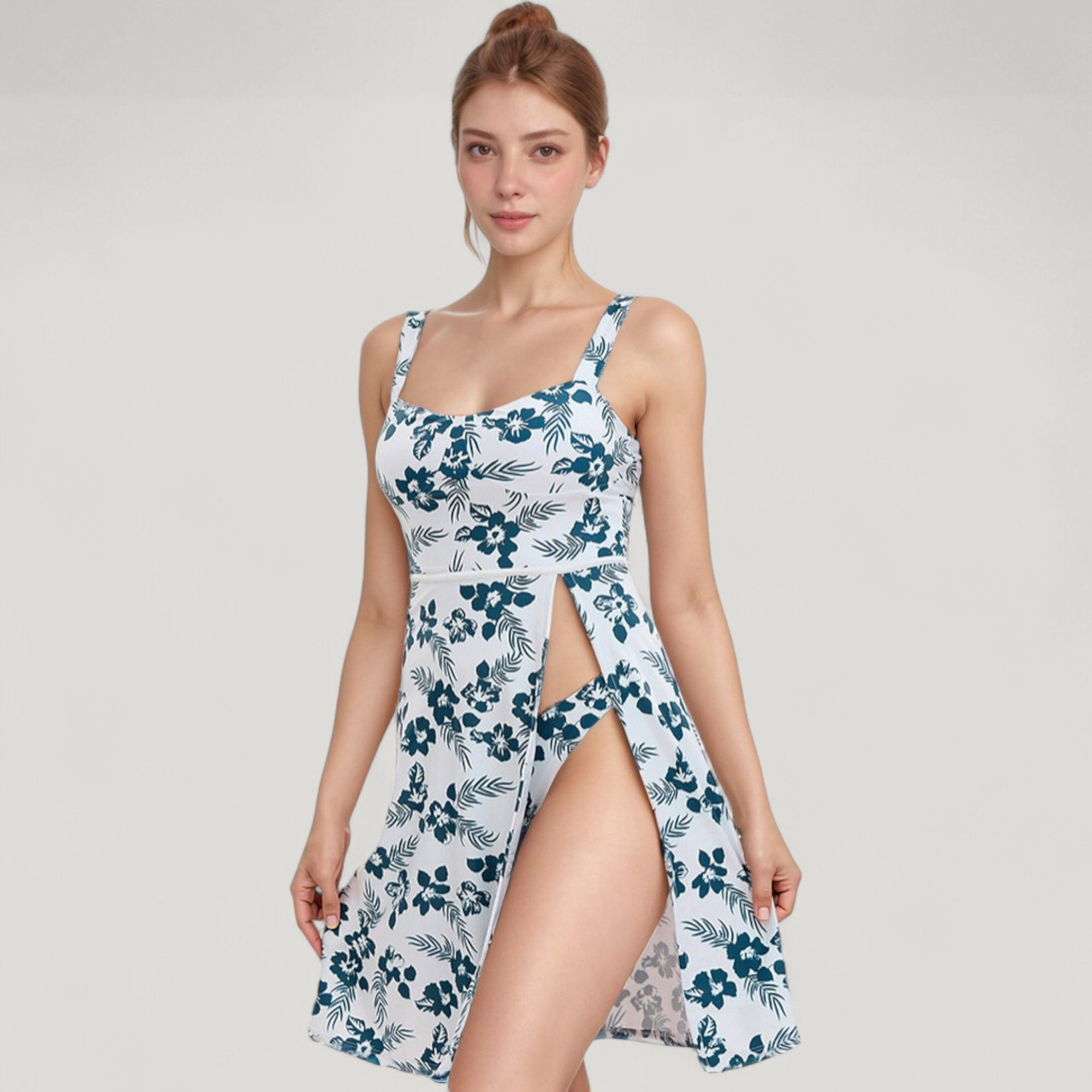 Anna-Kaci Women's Two-Piece Floral Swimsuit - Sleeveless Dress Overlay, High-Waist Bikini