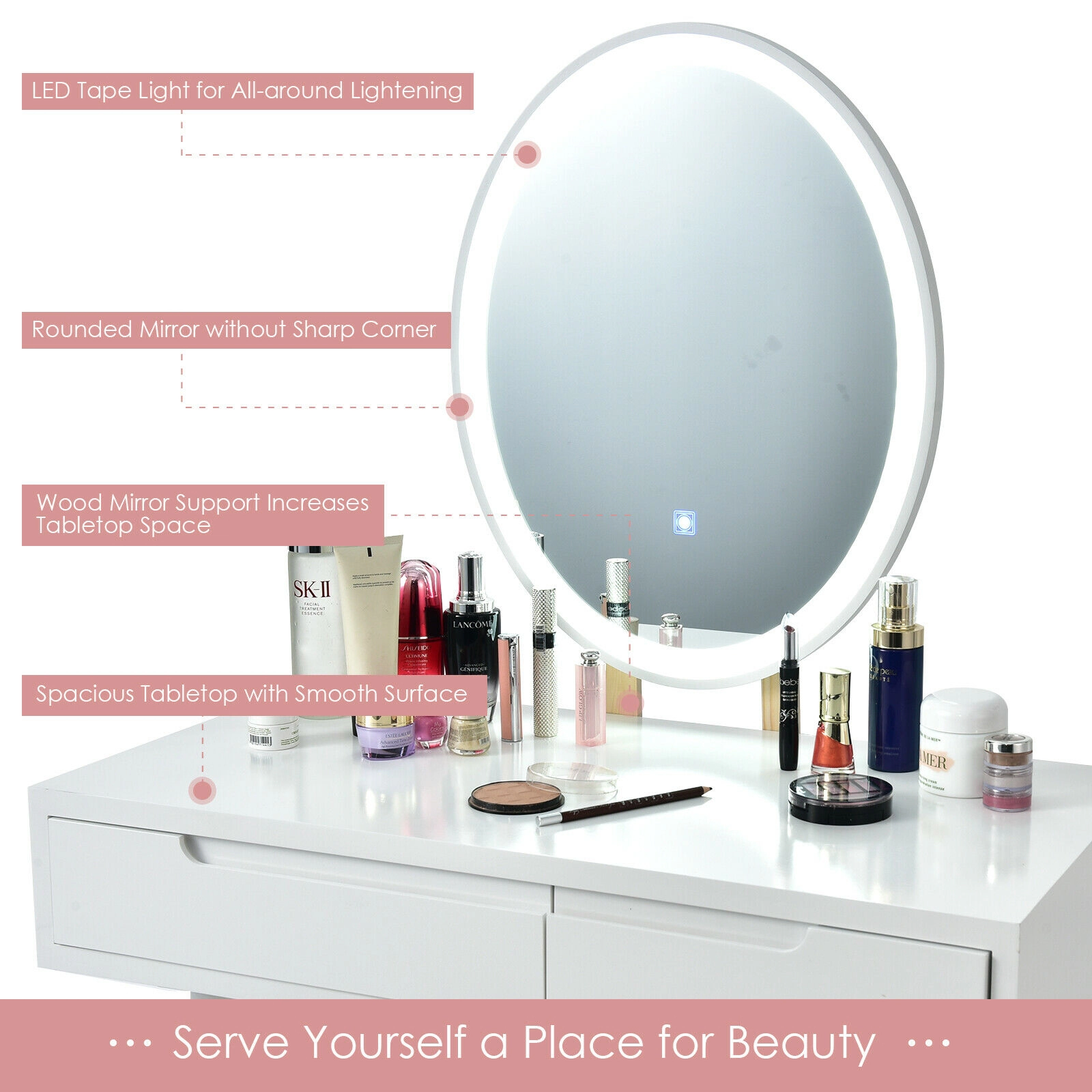 SUGIFT Touch Screen Vanity Table and Stool Set with Lighted Mirror in White