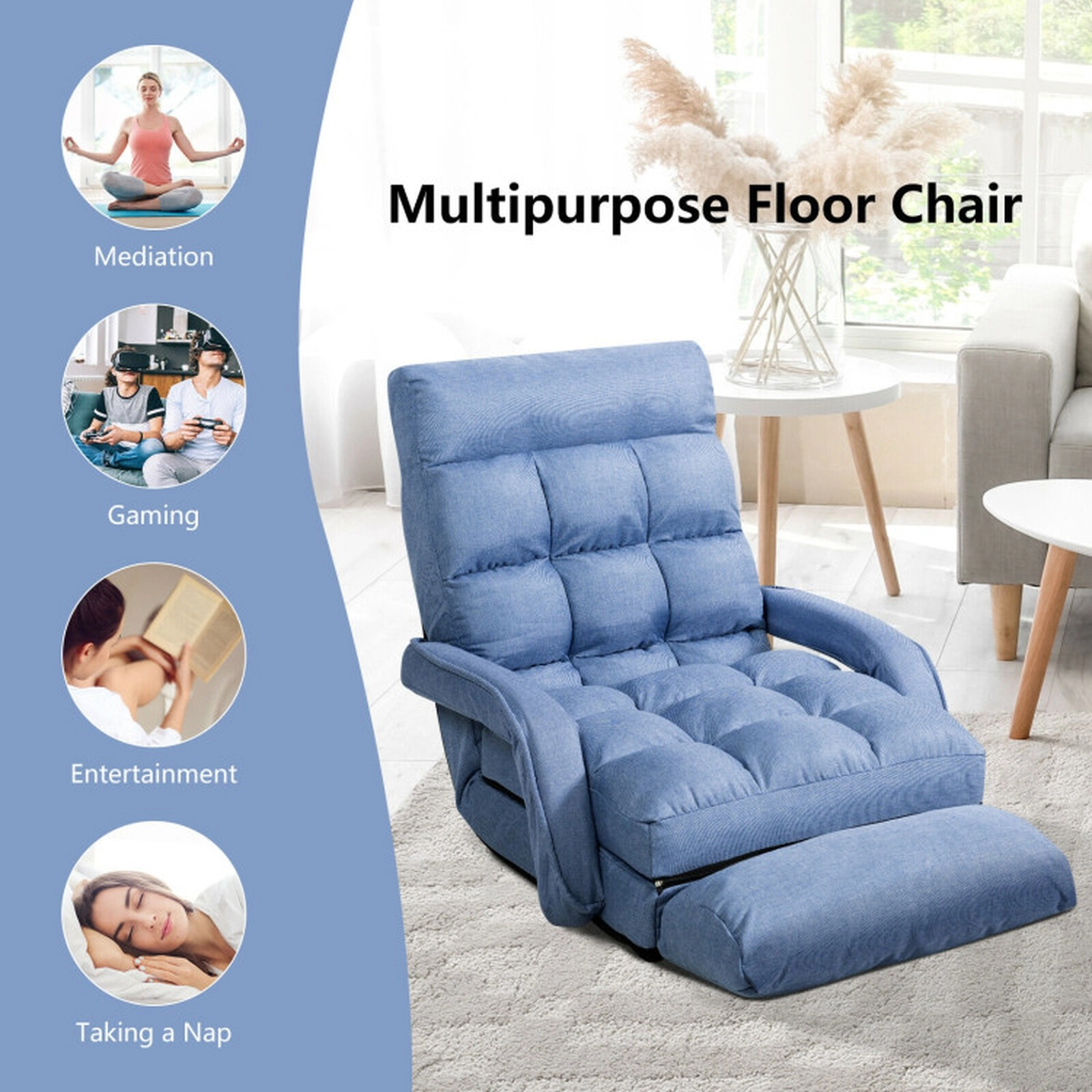 SUGIFT 6-Position Adjustable Blue Folding Floor Chair Sofa with Armrests Lumbar Pillow and Removable Cushion