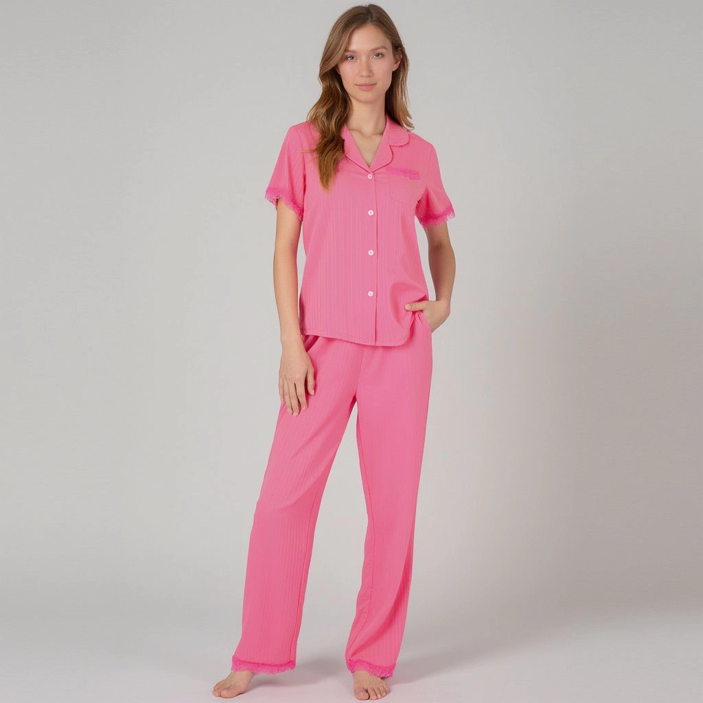 Anna-Kaci Women's Short Sleeve Pajama Set with Button Up Top Lace Trim Sleeves Chest Pocket and Relaxed Fit Lounge Pants
