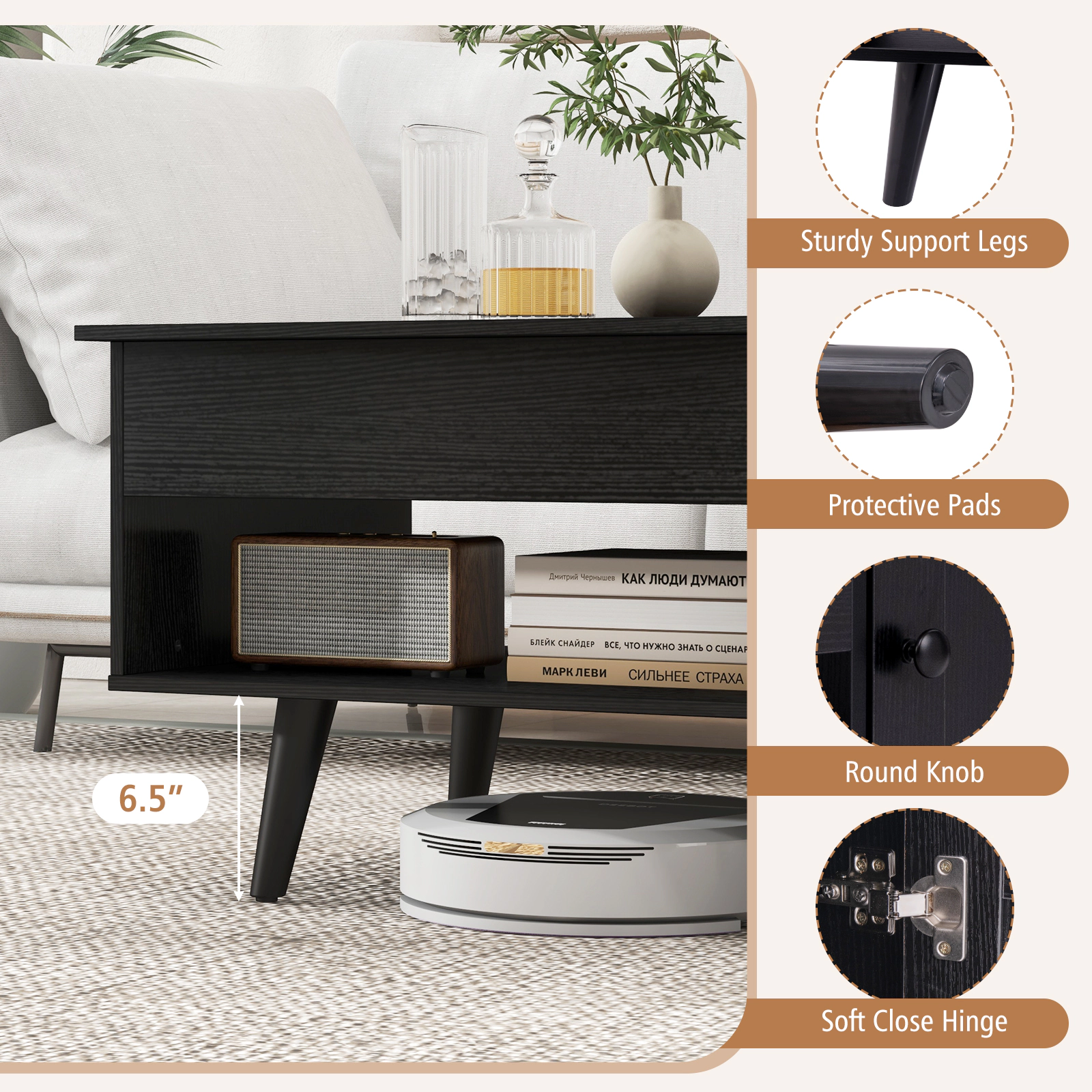SUGIFT Gas Strut Lift Top Hidden Compartment Door Cabinet Coffee Table 39.5-in x 19.5-in x 18-in 110-lb Capacity Black