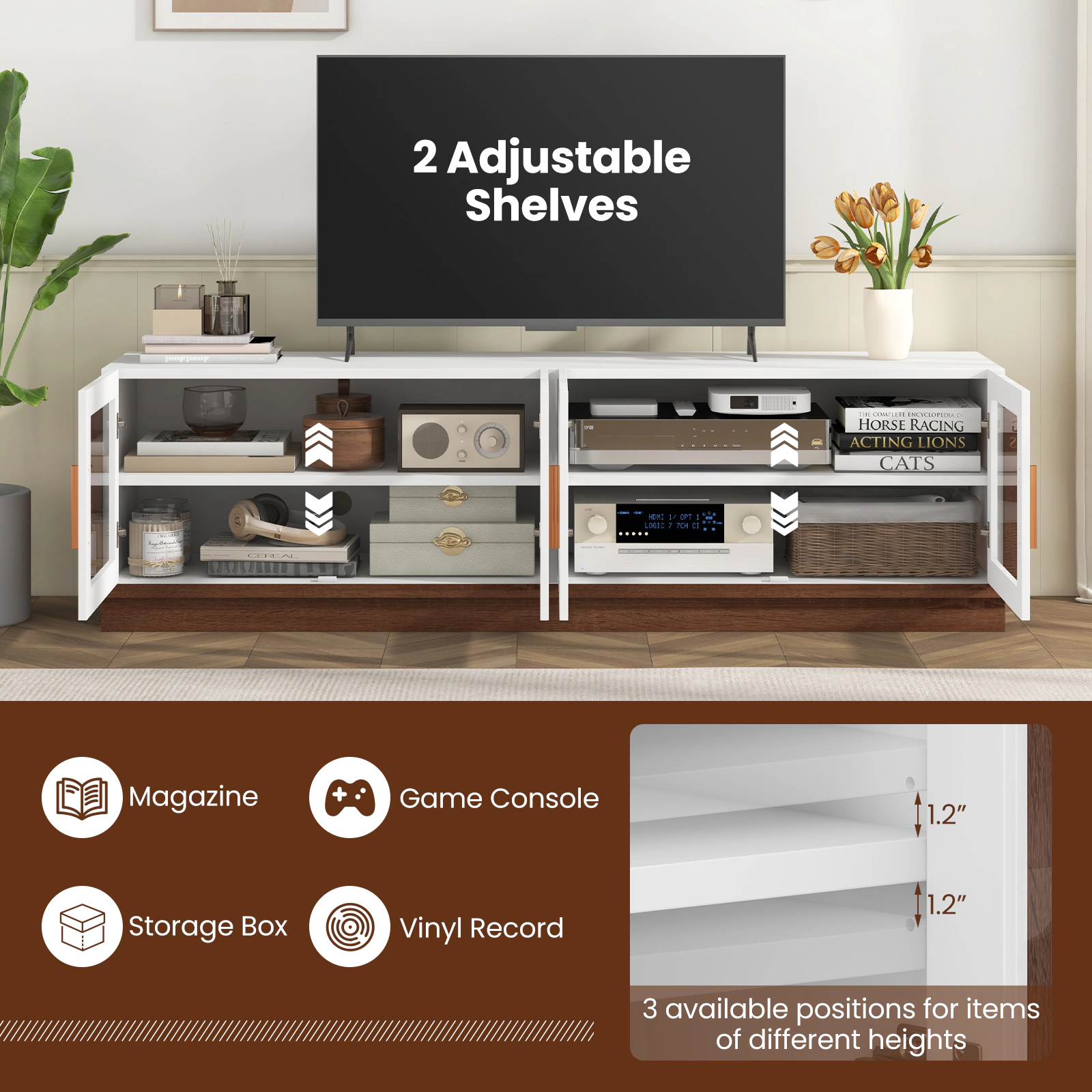 Glintex 70-Inch TV Stand with 4 Glass Doors for TVs up to 75 Inches, Brown + White