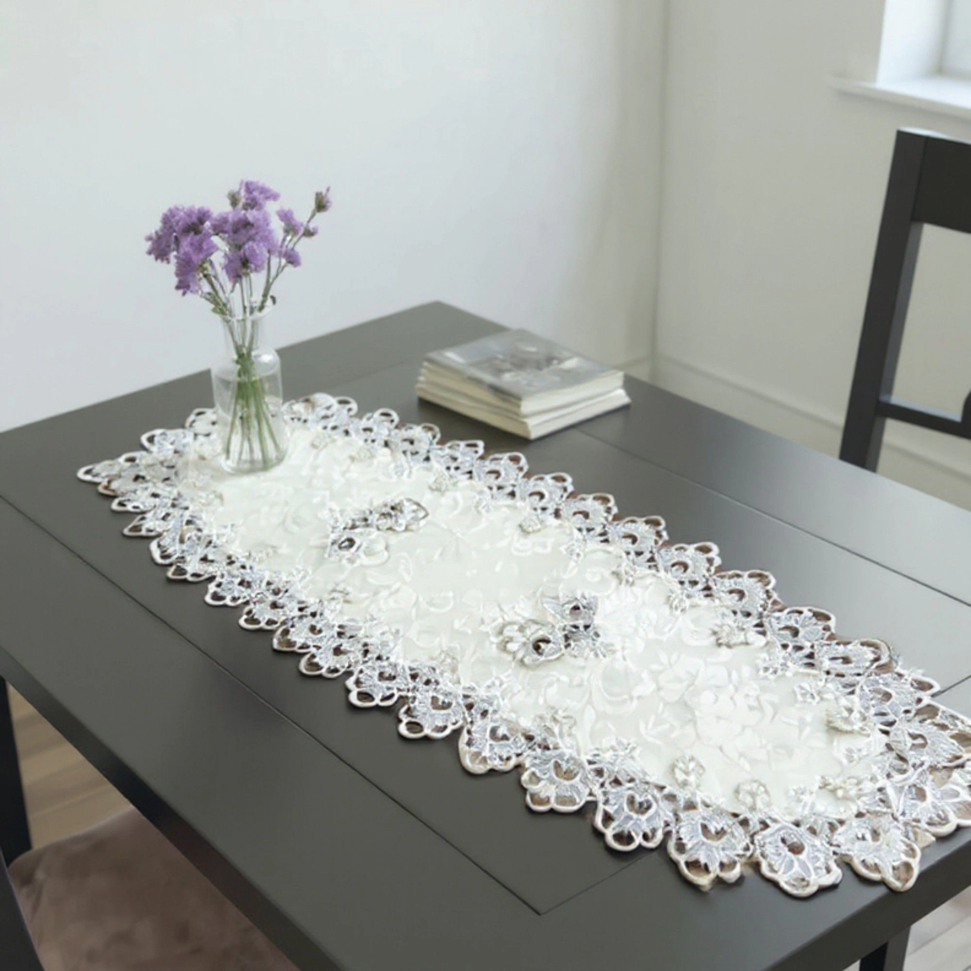 Alilang Unisex Embroidered Lace Table Runner with Floral Detailing and Scalloped Edges 33.5x33.5 in