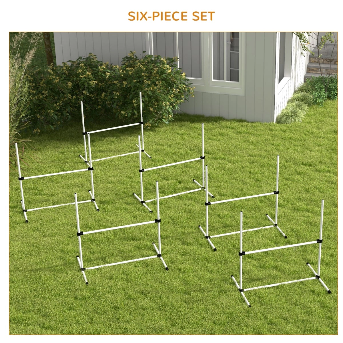 212 Main Paw Hut 6 Piece Dog Agility Set with Adjustable Height Jump Bars, Carry Bag & Displacing Top Bar - White