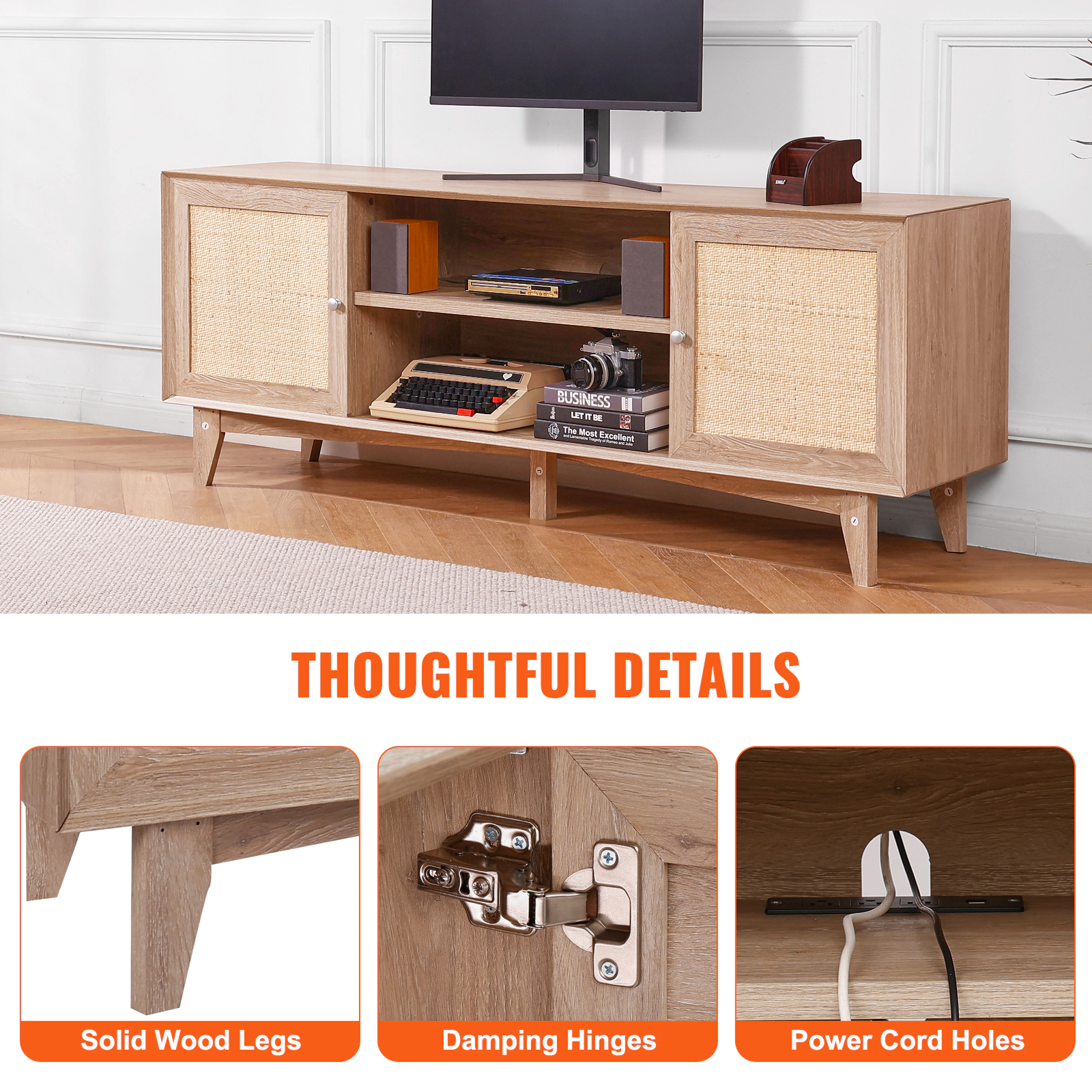 HONGGE Rattan TV Stand for TV Boho TV Stand with Rattan with Build-in Socket Modern TV for Living Room Media Room