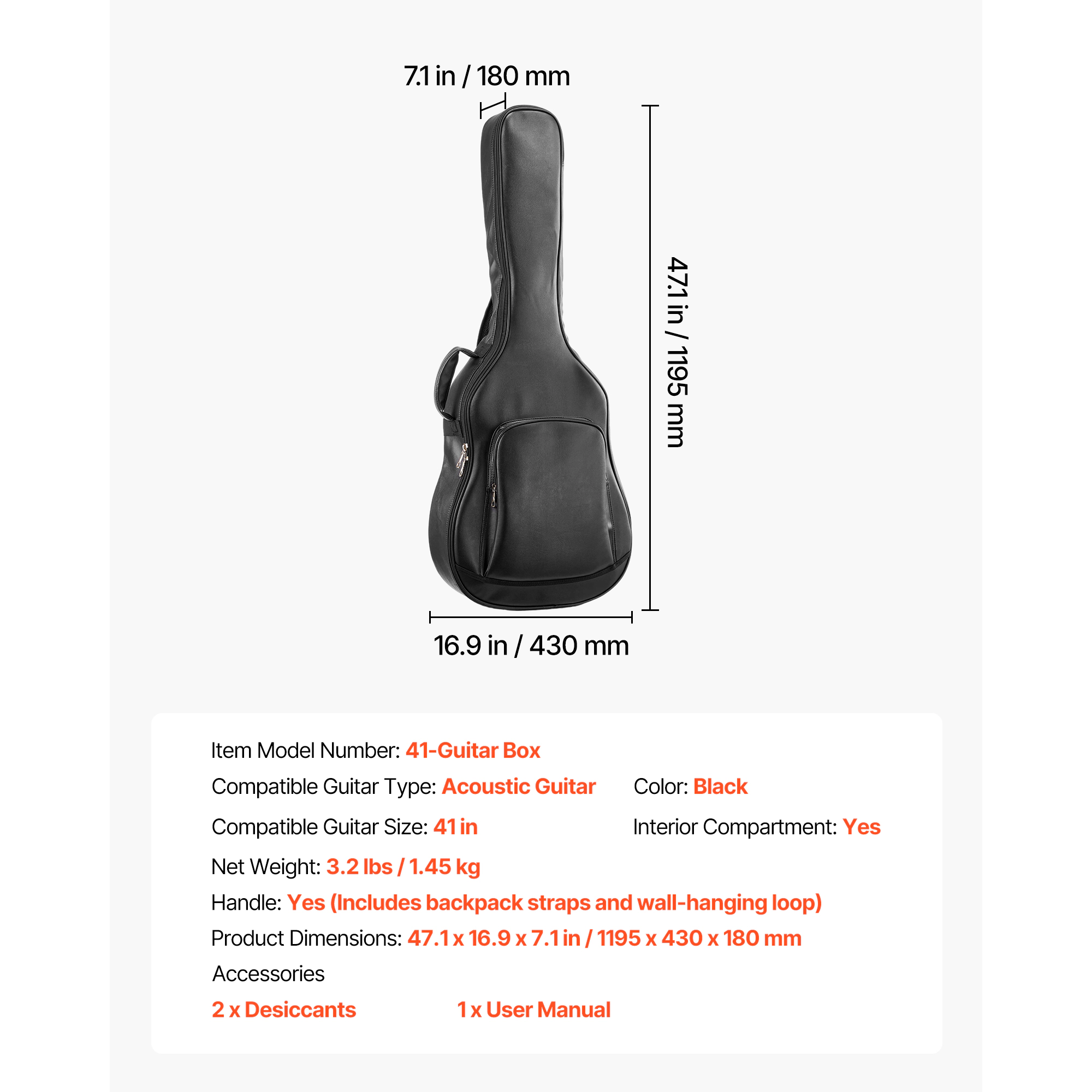 HONGGE Acoustic Guitar Bag 47.1 Inch Hard-Shell Protective Travel Carrying Case with Accessory Compartment Foam Padding