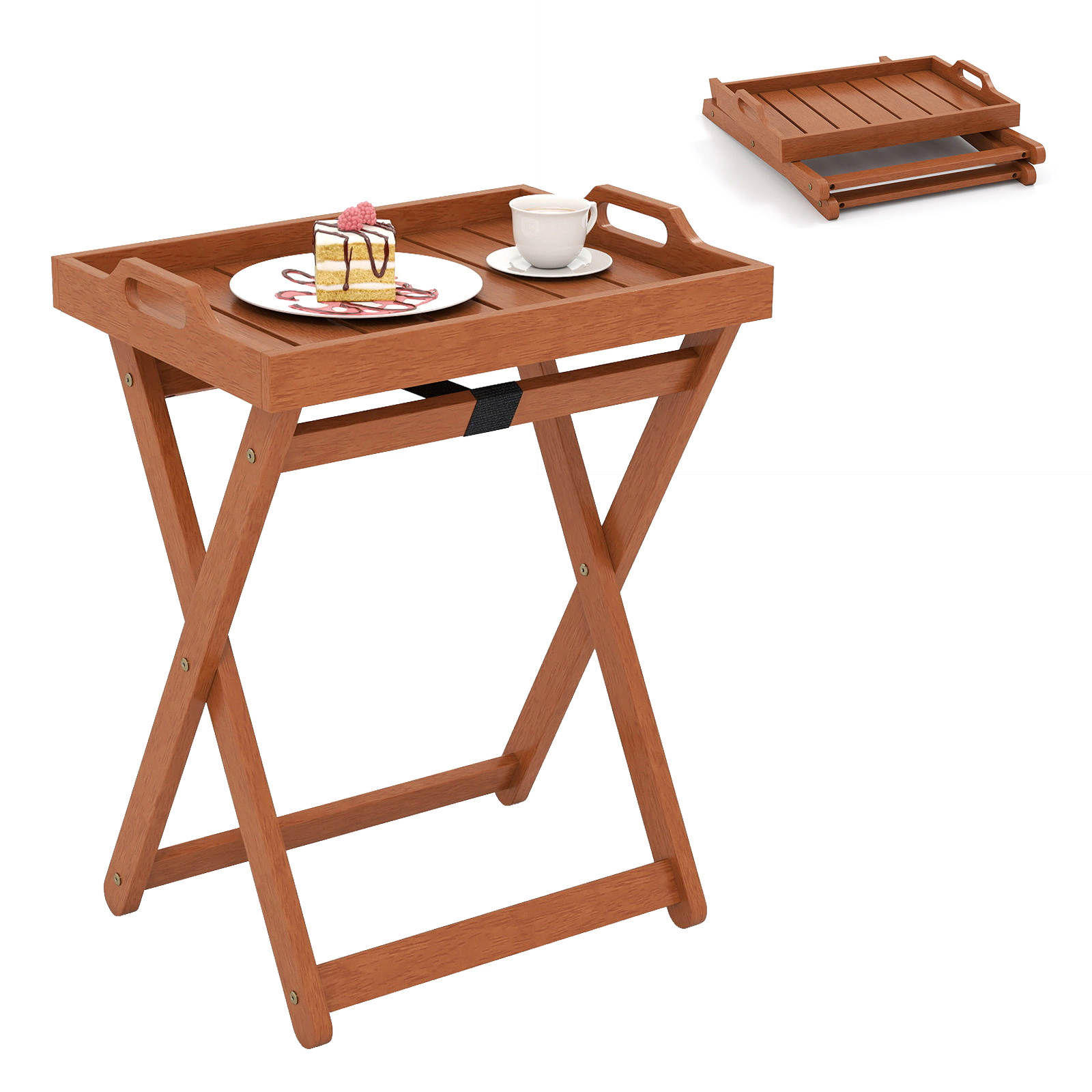 SUGIFT Wood Removable Serving Tray Cutout Handles Folding Patio Side Table In Natural