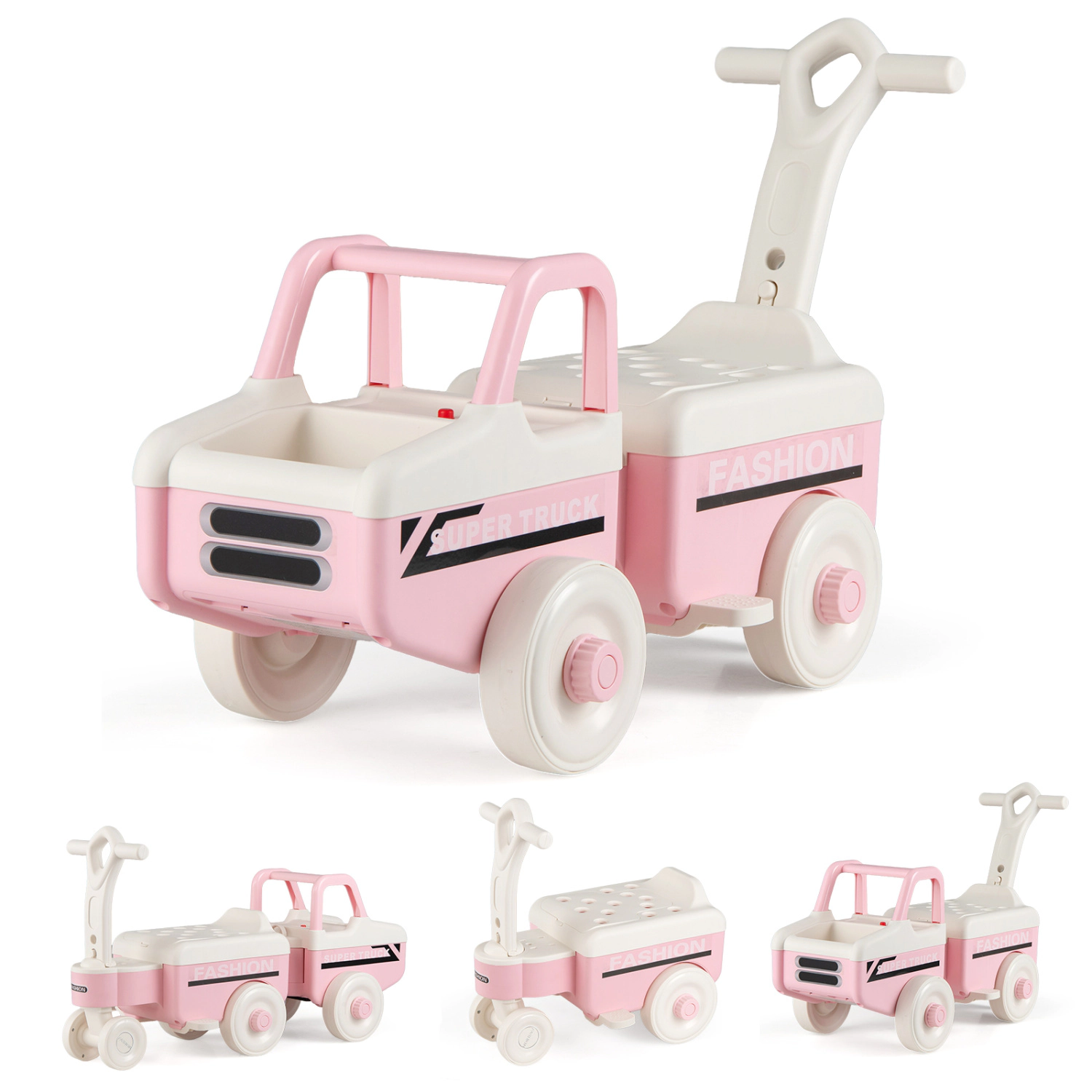 SUGIFT Pink Trailer Music and Under Seat Storage Kids 4 in 1 Ride On Push Car Walker