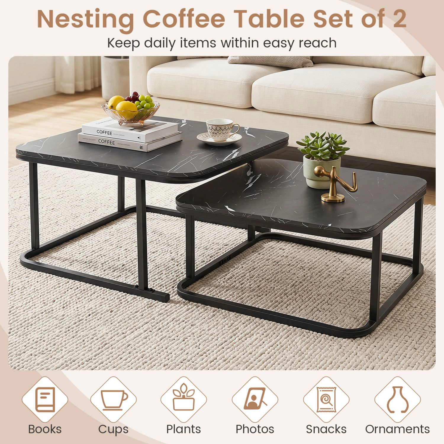 SlickBlue Nesting Coffee Table Set of 2 with Faux Marble Top