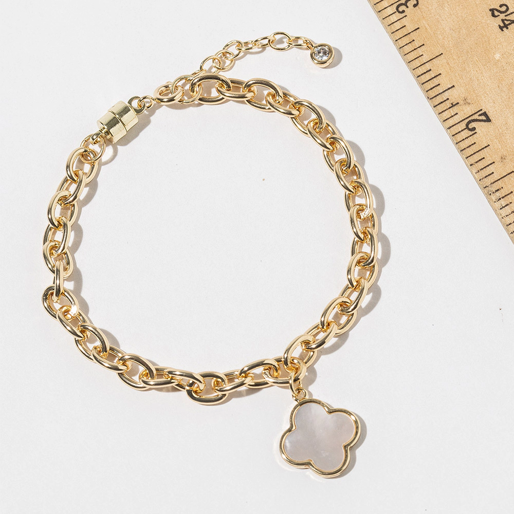 FASHNZFAB Gold Dipped Mother of Pearl Quatrefoil Charm Accent Chain Link Magnetic Bracelet