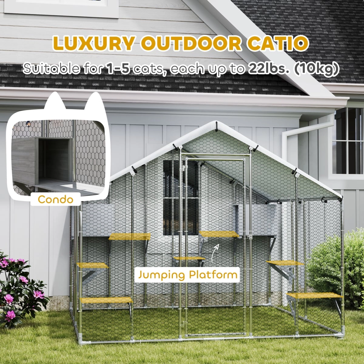 212 Main 94.5 in. PawHut Metal Outdoor Catio with Waterproof Cover - 2 Resting Boxes - 7 Jumping Platforms, Silver