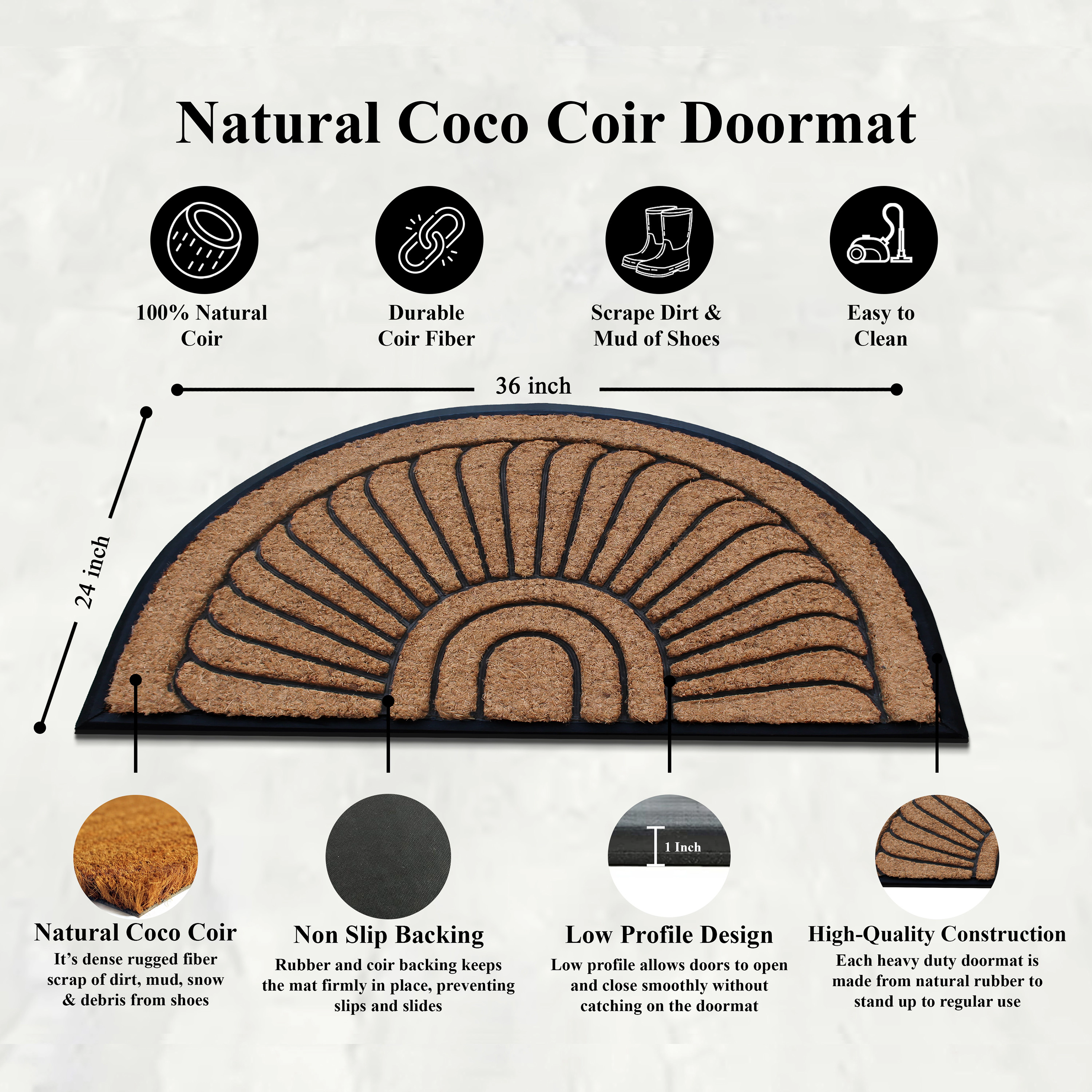 A1HC Coir and Rubber Door Mat 24x36 Inches Heavy Duty Durable Long-Lasting Sunburst Semicircle