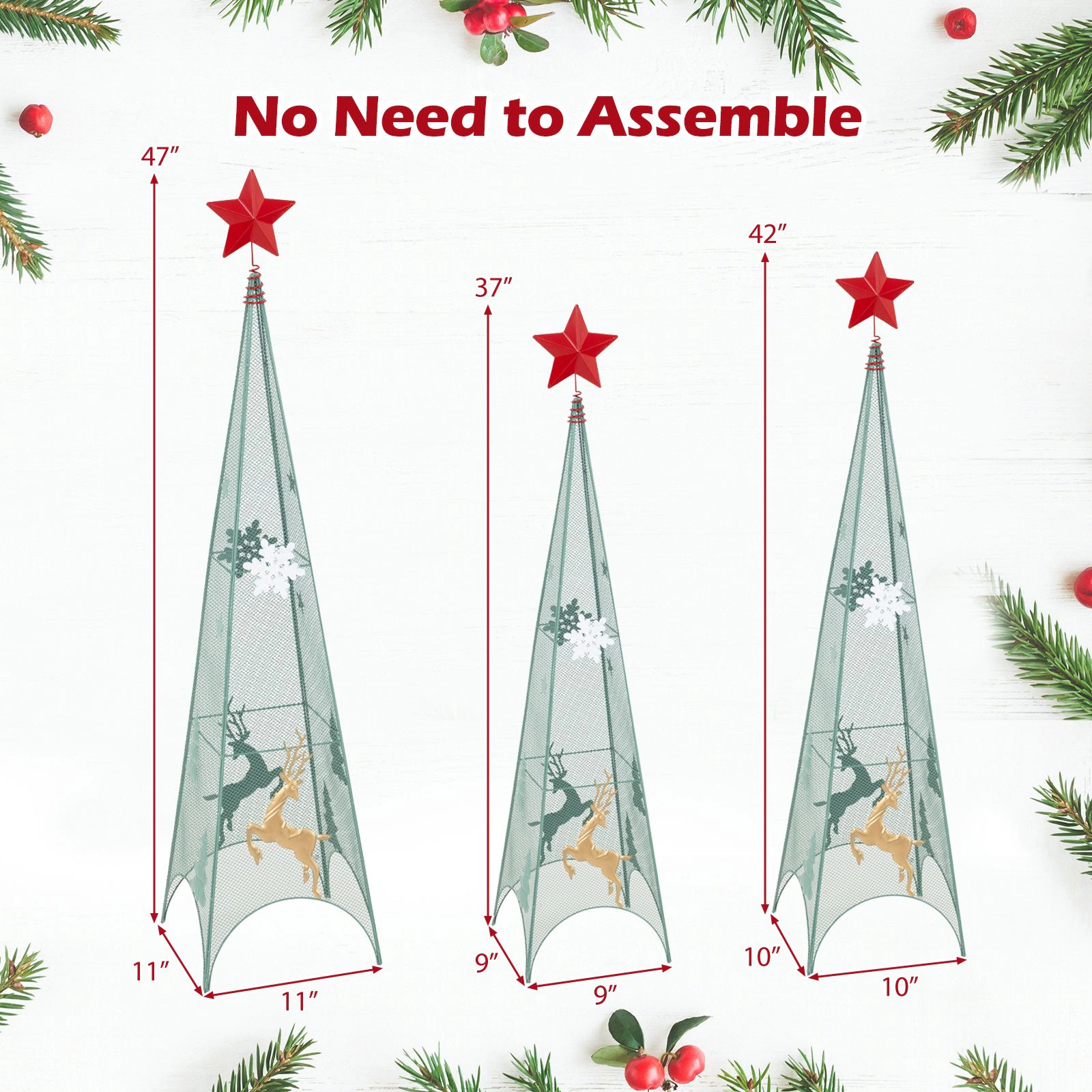 SlickBlue Set of 3 Metal Christmas Trees with Star Toppers