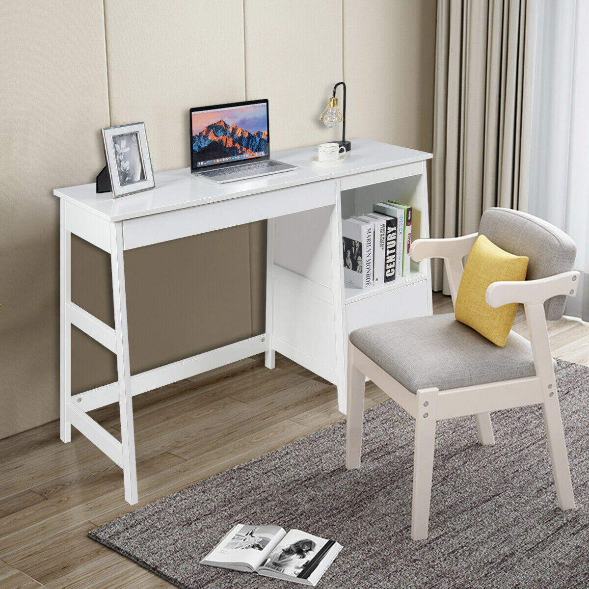 SUGIFT Open Shelf Glide Drawer Metal Frame Computer Desk 45-in x 20-in x 30.5-in 155-lb Capacity 29.5-in Legroom White