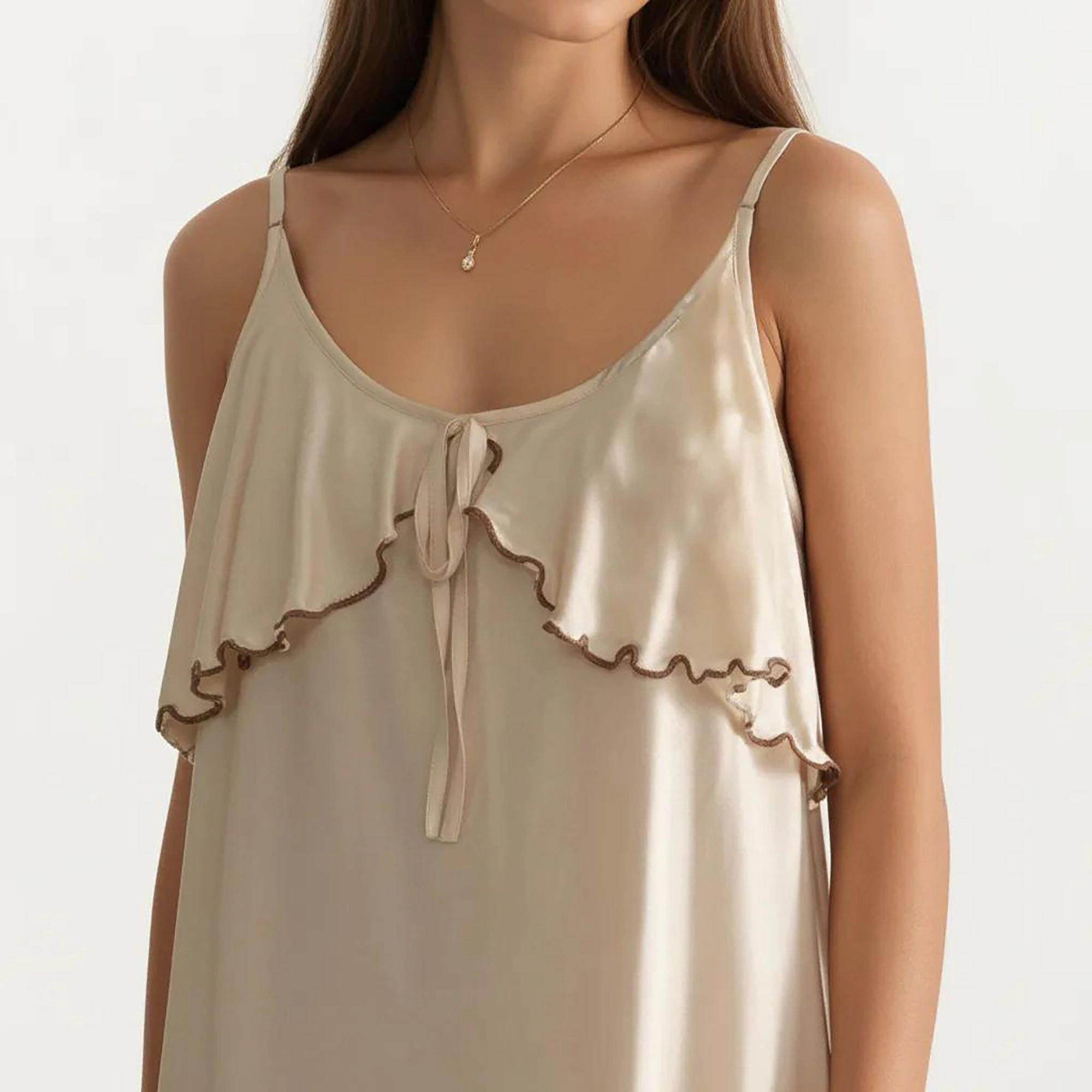 Anna-Kaci Women's Sleeveless Pajama Dress with Straps Tie Front Ruffle Trim Nightgown Relaxed Fit Sleepwear