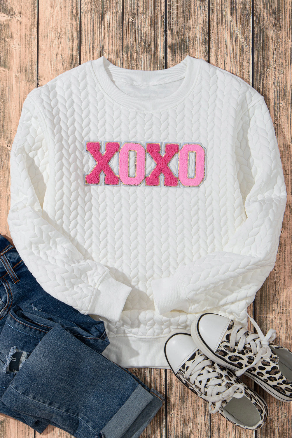 Threaded Pear Women's Logan XOXO Glitter Chenille Cable Knit Pullover Sweatshirt