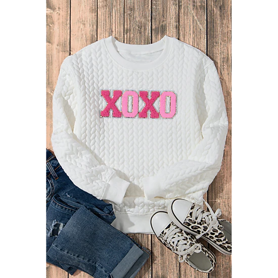Threaded Pear Women's Logan XOXO Glitter Chenille Cable Knit Pullover Sweatshirt