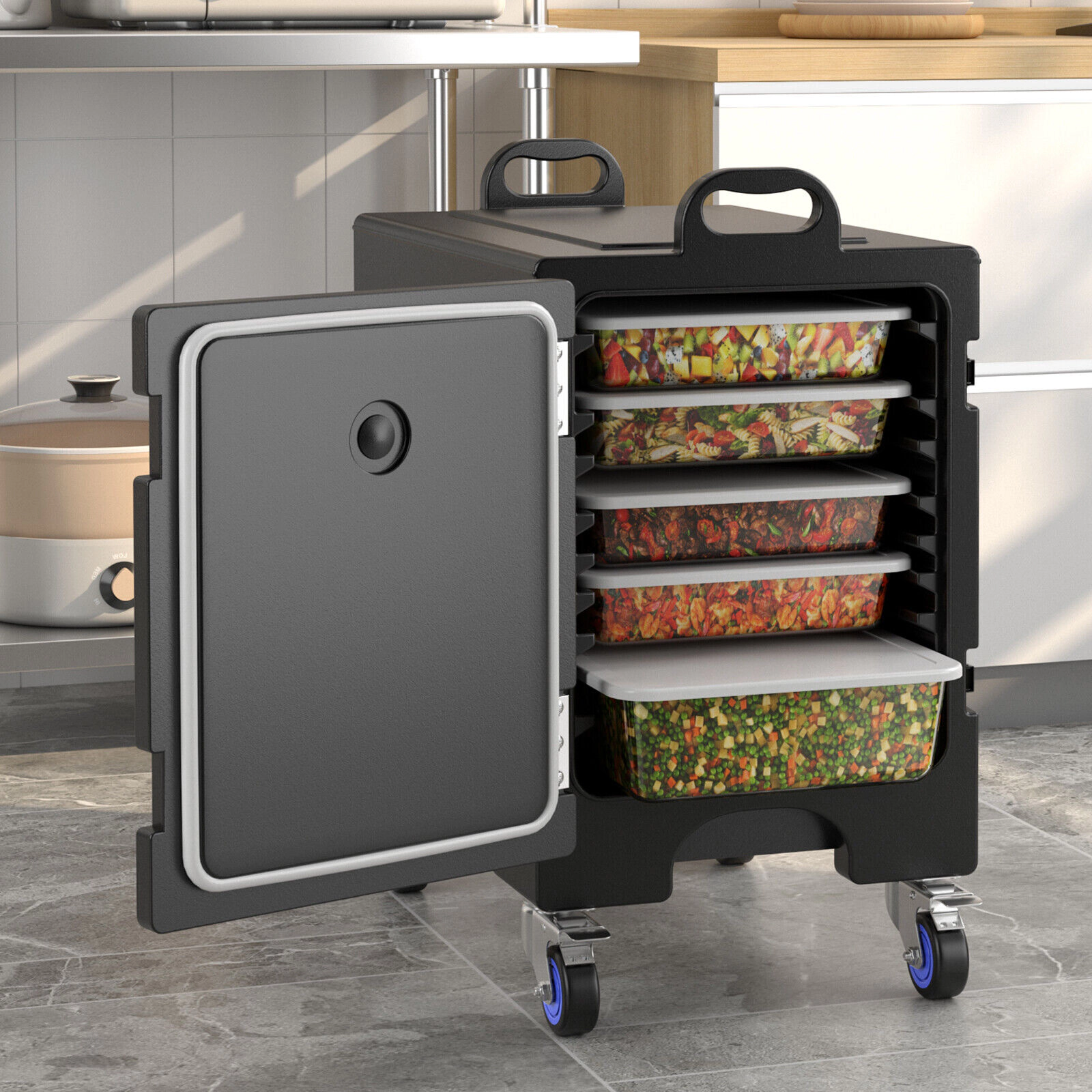 SUGIFT Set of 2 Stackable 81-Qt 8 Dividers 270-Degree Door Insulated Food Pan Carriers 24.5-in x 16.5-in x 29-in Black
