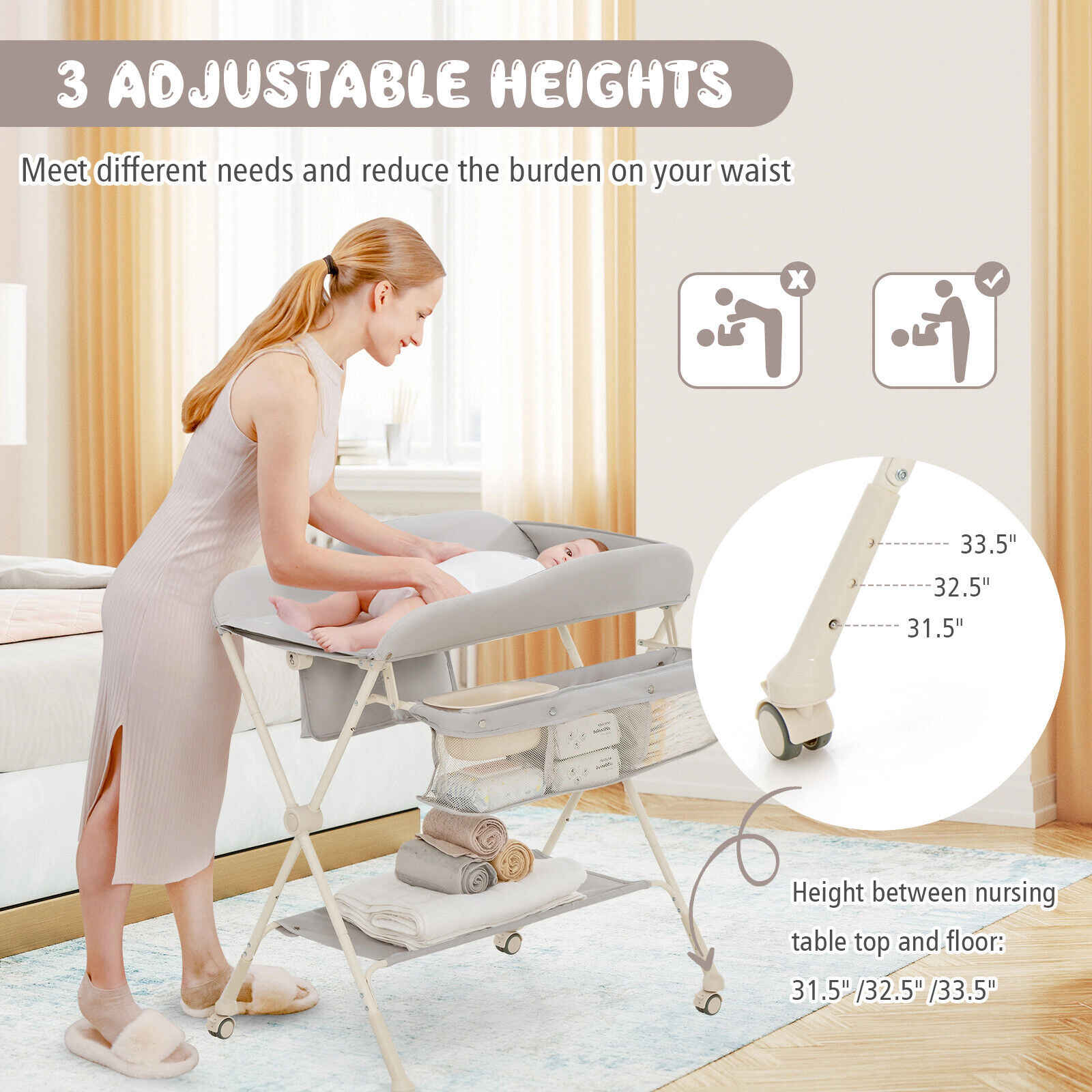 SUGIFT Adjustable Height Baby Diaper Changing Table with Water Basin and Storage 33-lb Capacity 0-12 Months Green