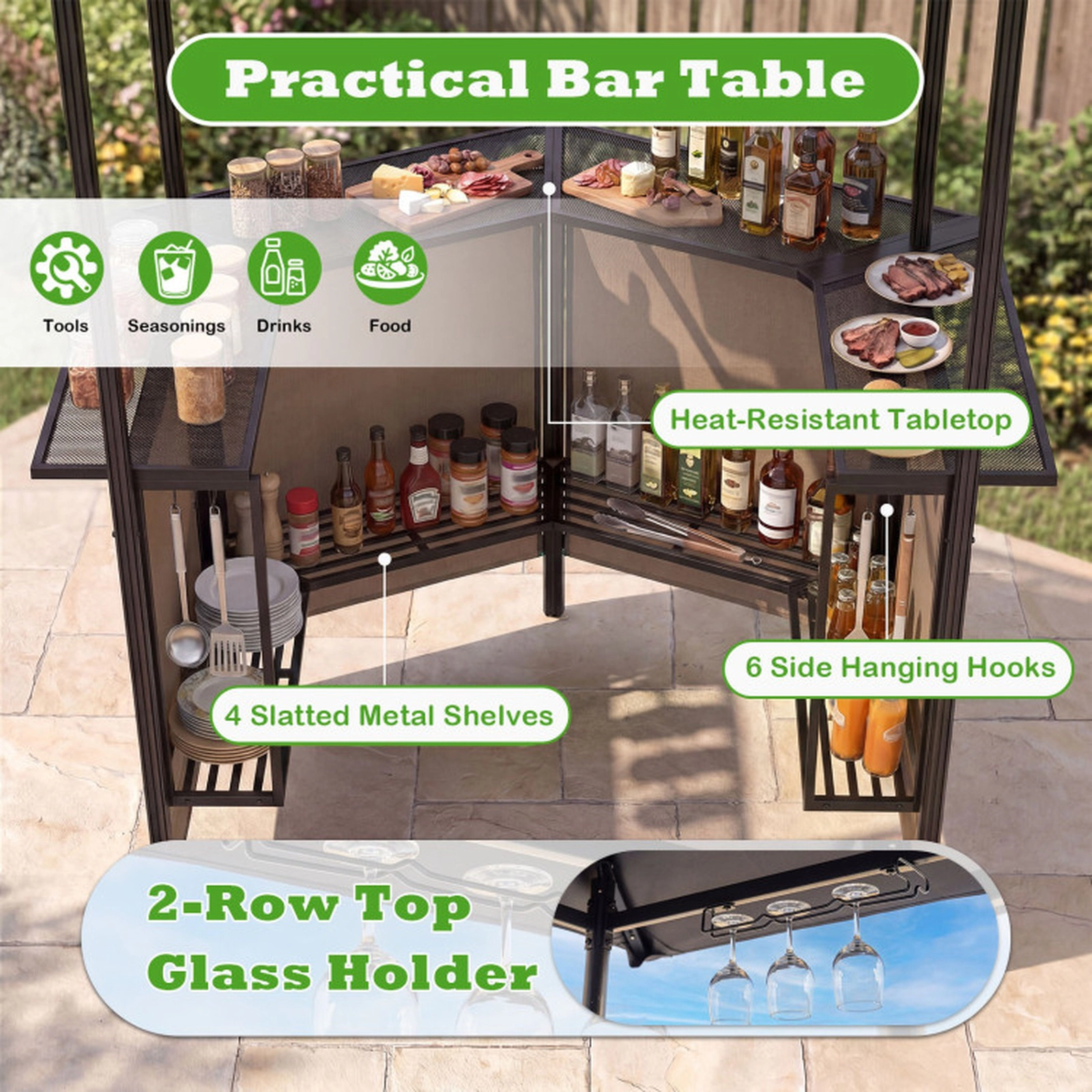 SUGIFT Brown 4 Slatted Metal Shelves 6 Hooks and Glass Holders BBQ Grill Gazebo Canopy