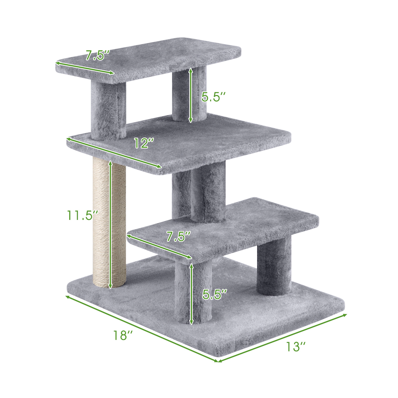 SUGIFT 18.5-in Gray 3-Tier Cat Stairs Pet Steps for High Bed and Sofa with Sisal Posts and Plush Treads