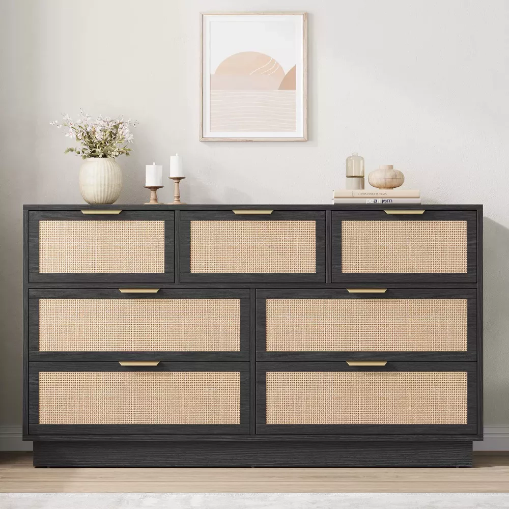 Rattan 7 Drawer Dresser with Metal Handles, 55" Wide Storage Chest for Bedroom Home Office