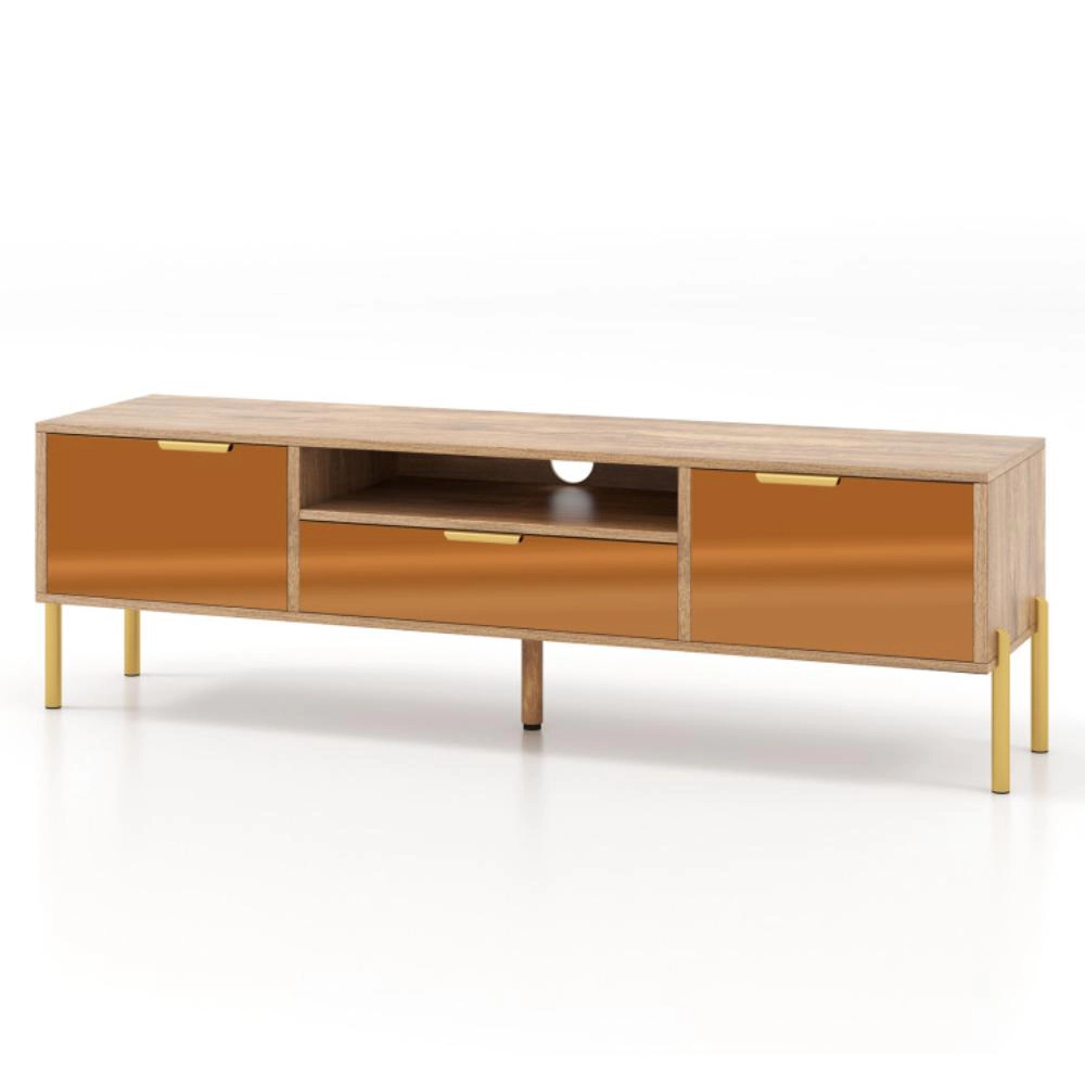 Hivvago Mirrored Tv Stand For Tv Up To 65 Inch With Spacious Tabletop And 2 Storage Cabinets-Natural