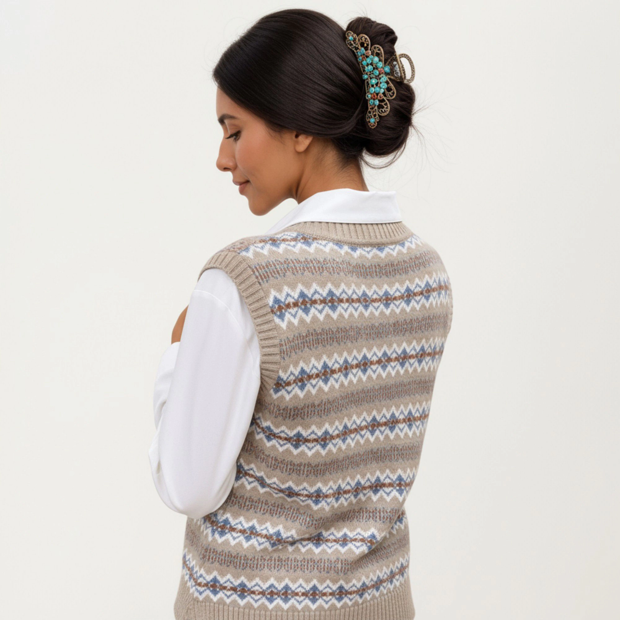 Anna-Kaci Women's Sleeveless V-Neck Knit Sweater Vest with Geometric Pattern