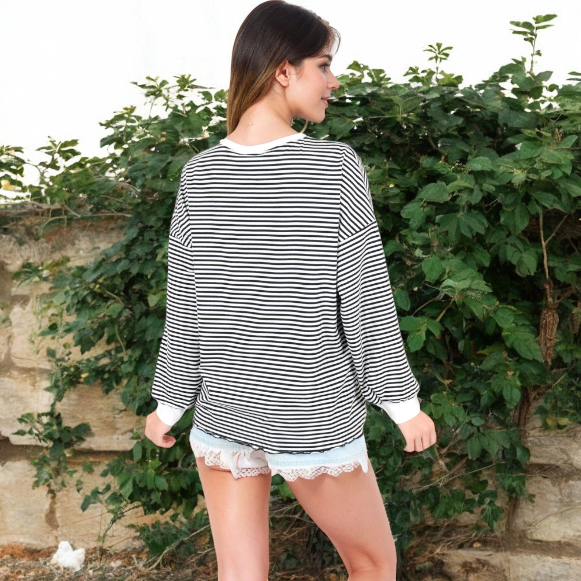 Anna-Kaci Women's Striped Long Sleeve Oversized Pullover Top Ribbed Crew Neck Everyday Look