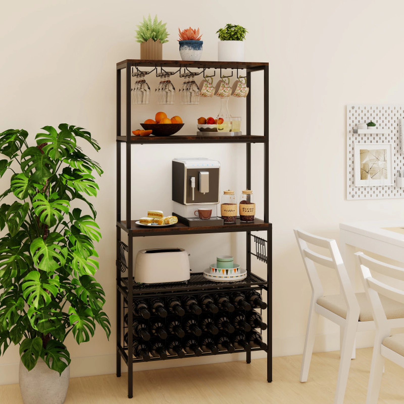 SUGIFT 4-Tier Wine Organizer with Power Outlet, 24-Bottle Holders & RGB Light 44-lb Wooden Shelf 22-lb Mesh Shelf Rustic