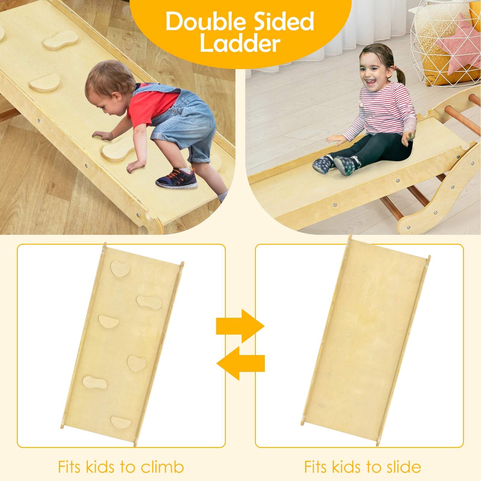 SUGIFT 3-in-1 Wooden Arch Rocker Climber Set with Ramp and Mat 132-lb Capacity Ages 1-8 Yellow/Natural