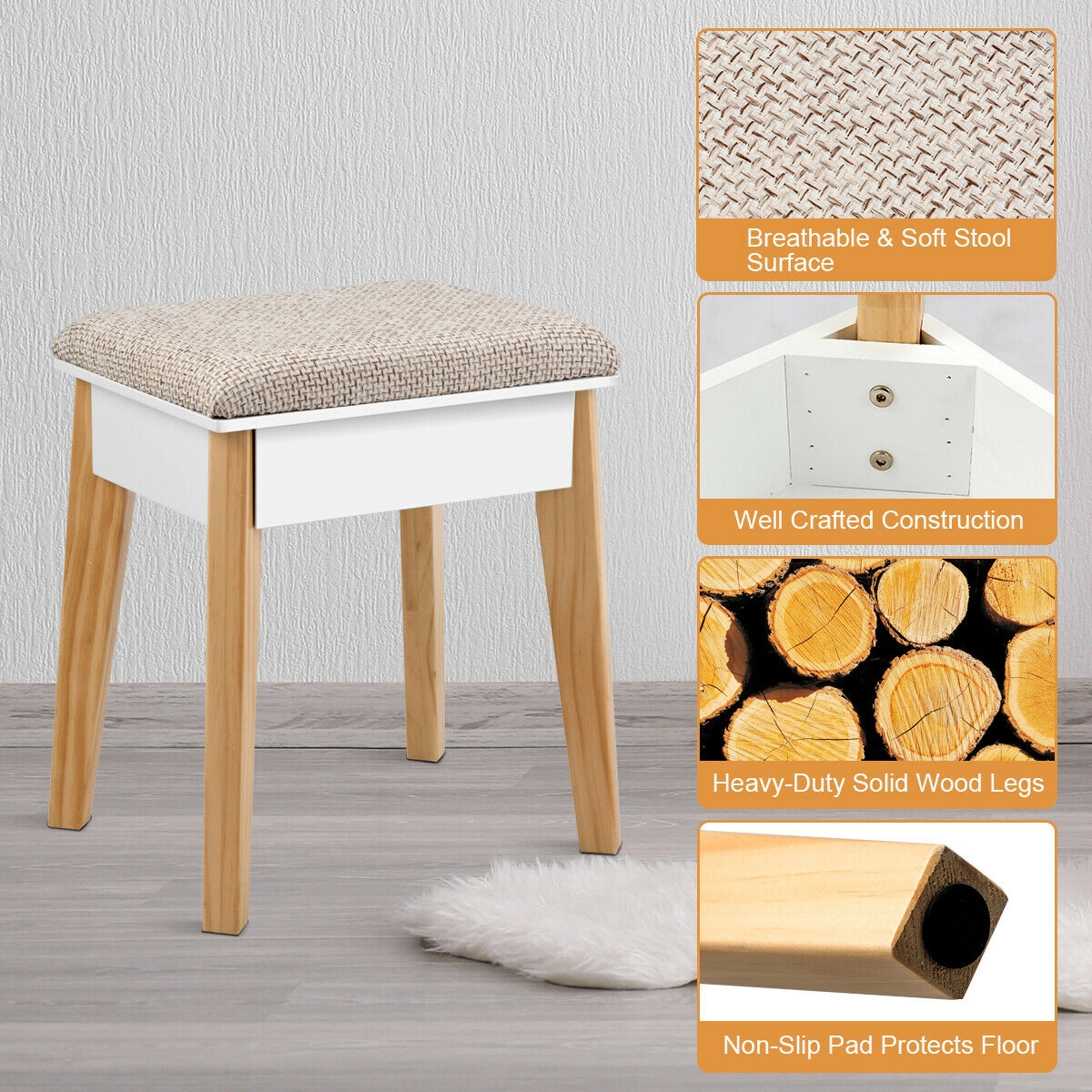 SUGIFT 286-lb Capacity White Vanity Makeup Table Set with Large Mirror 3 Drawers and Cushioned Stool