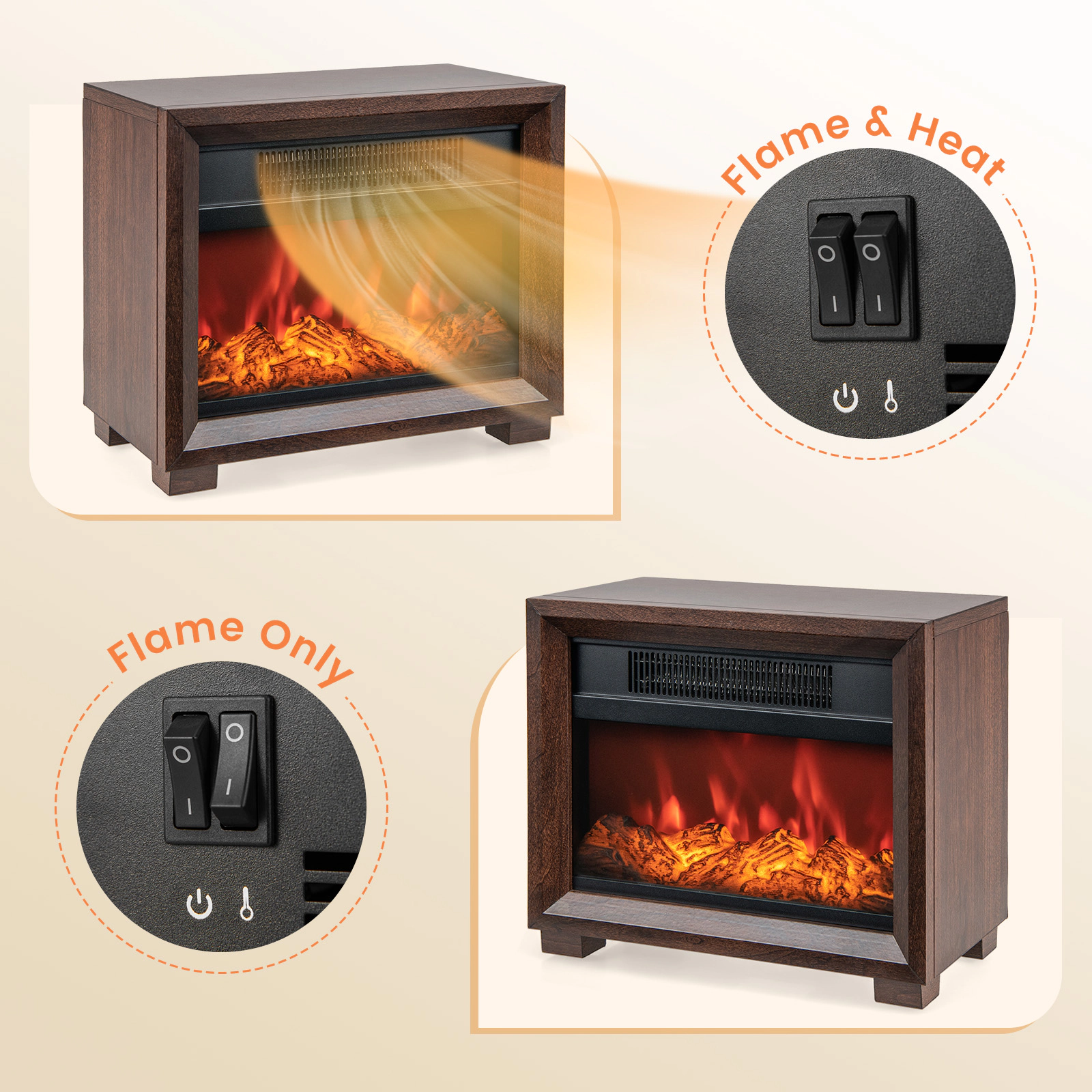 SUGIFT 13.1-in Mini Wooden Mantel Portable Tabletop Electric Fireplace 13.1-in x 6.7-in x 11.4-in 750W Brown