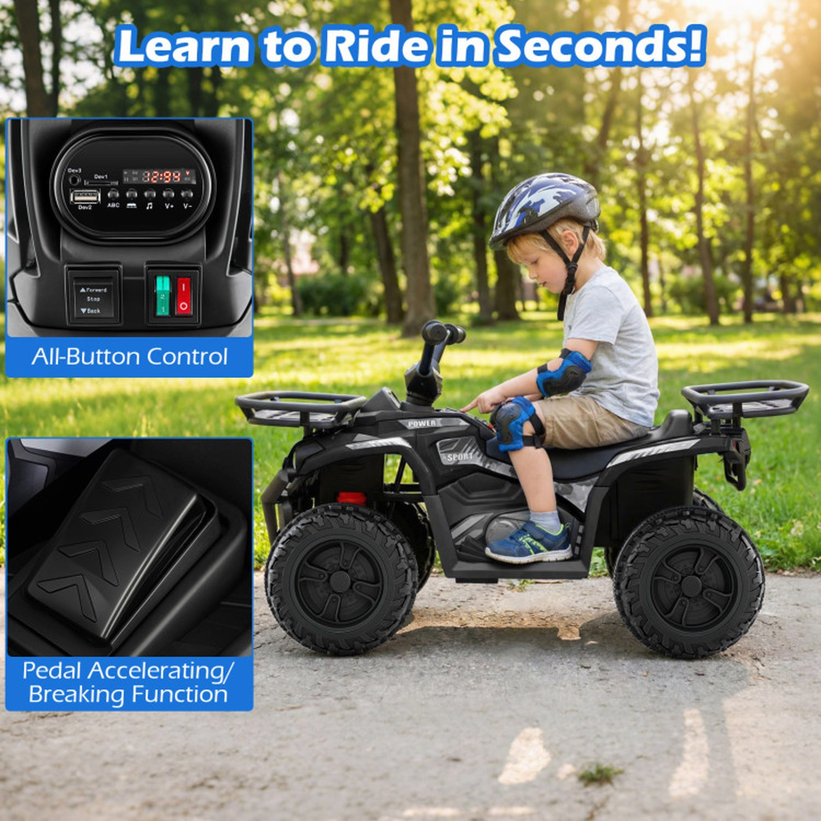 SUGIFT 24V Electric Ride On Quad ATV LED Headlights 66-lb Capacity Ages 3+ 4-Wheel Kids Vehicle Black+Pink with Storage