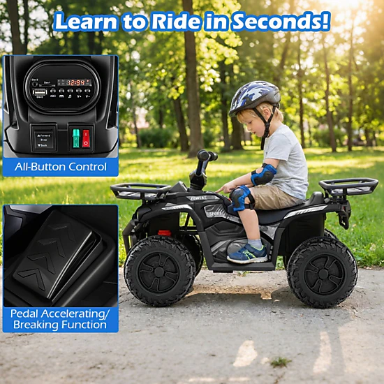 SUGIFT 24V Electric Ride On Quad ATV LED Headlights 66-lb Capacity Ages 3+ 4-Wheel Kids Vehicle Black+Pink with Storage